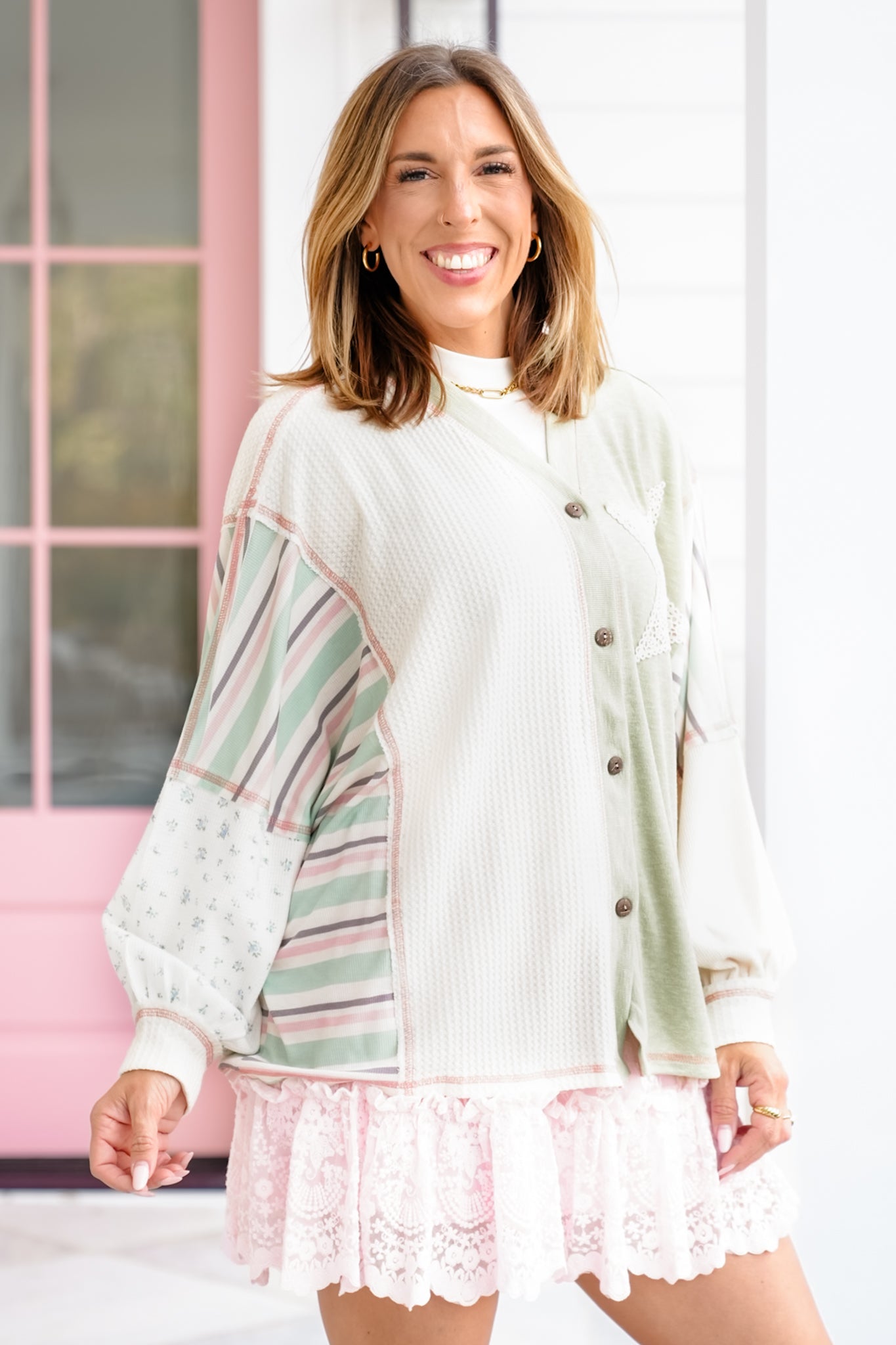 Contrast Long Sleeve Button Down Top with Star Patch