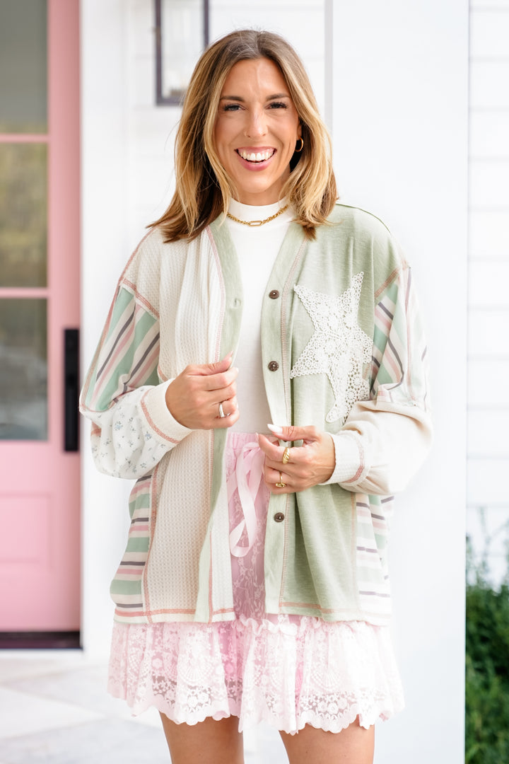 Contrast Long Sleeve Button Down Top with Star Patch