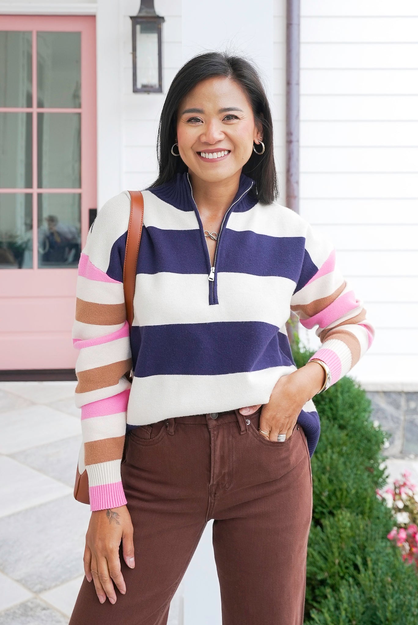 Plus/Reg Striped Long Sleeve 1/2 Zip Sweater