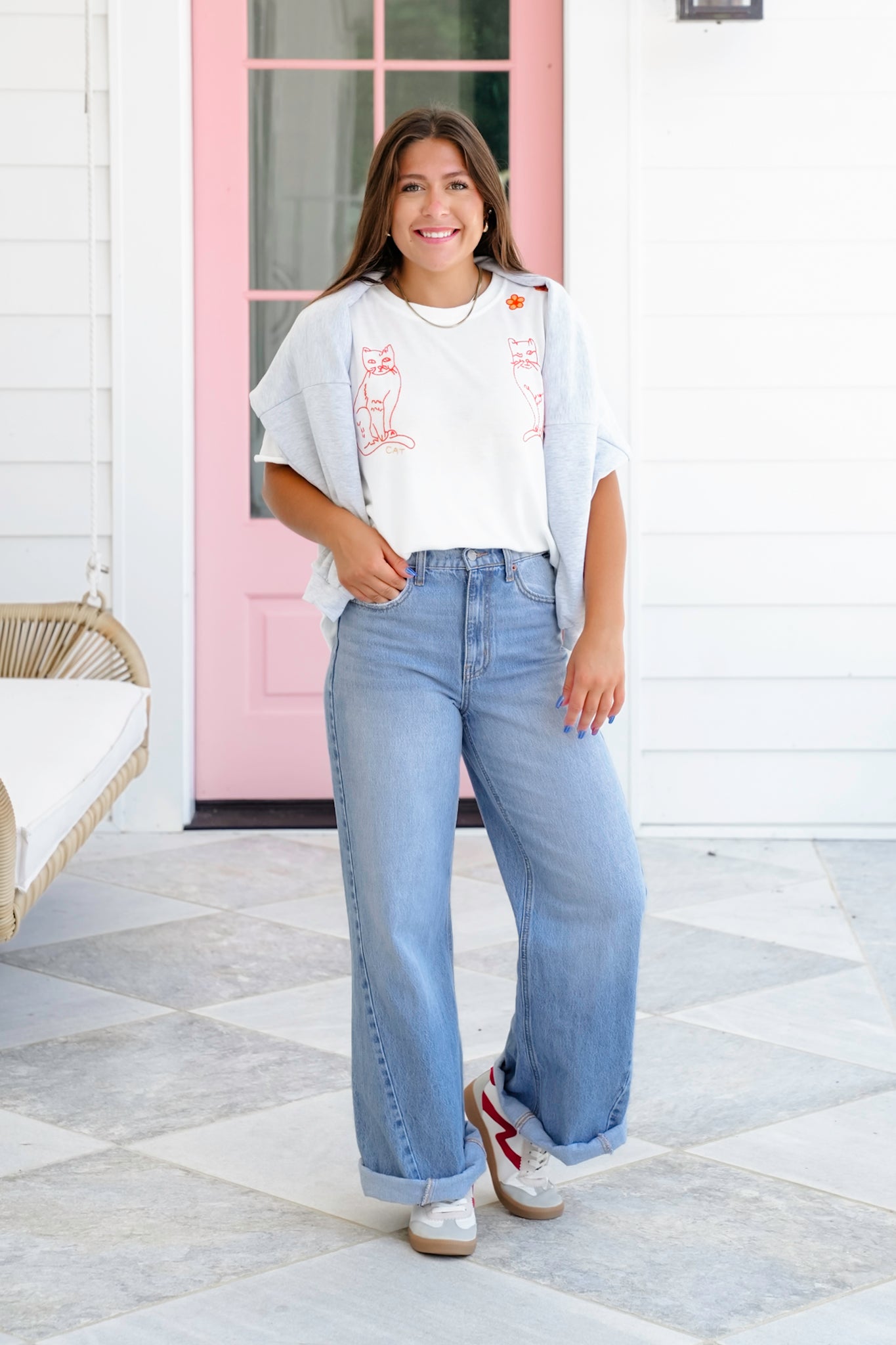 White Short Sleeve Cat Embroidered Top