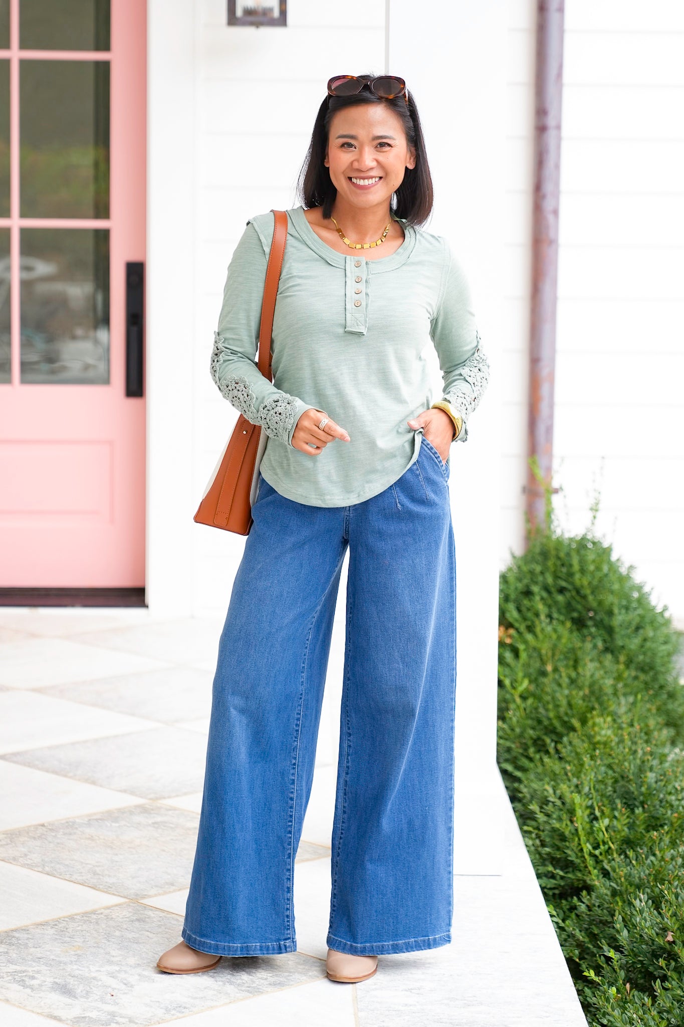 Solid Knit Long Sleeve Top with Lace Trim