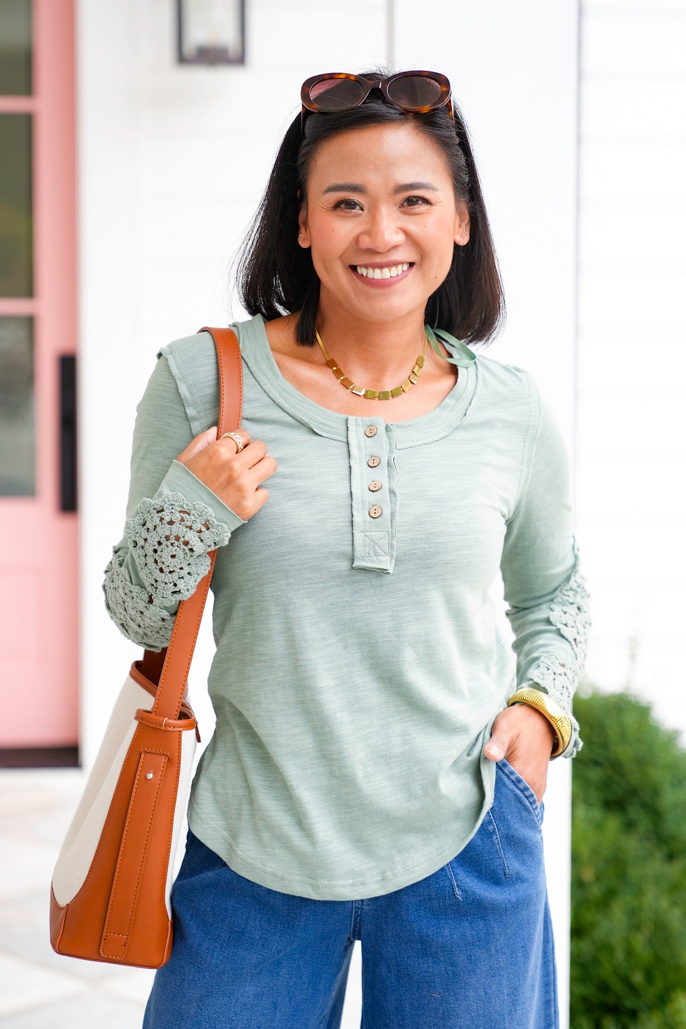 Solid Knit Long Sleeve Top with Lace Trim
