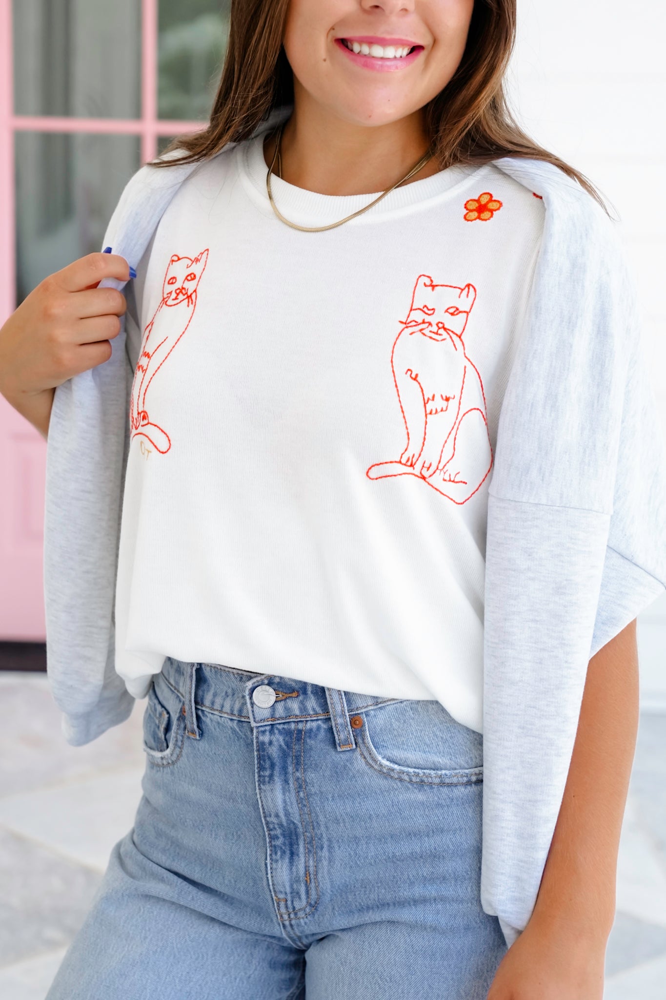 White Short Sleeve Cat Embroidered Top