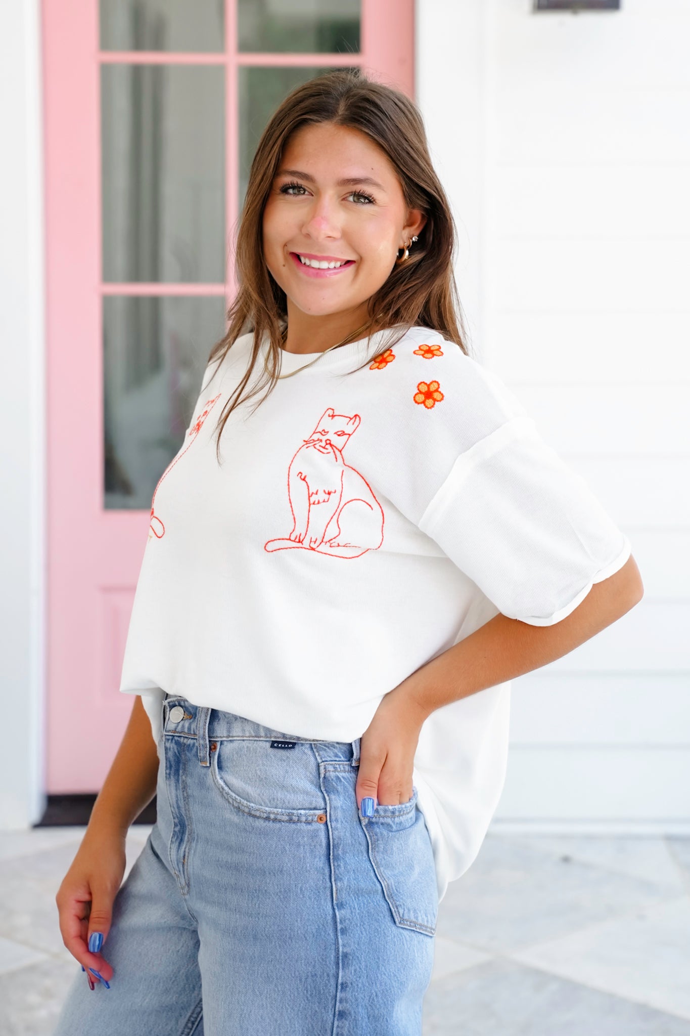White Short Sleeve Cat Embroidered Top