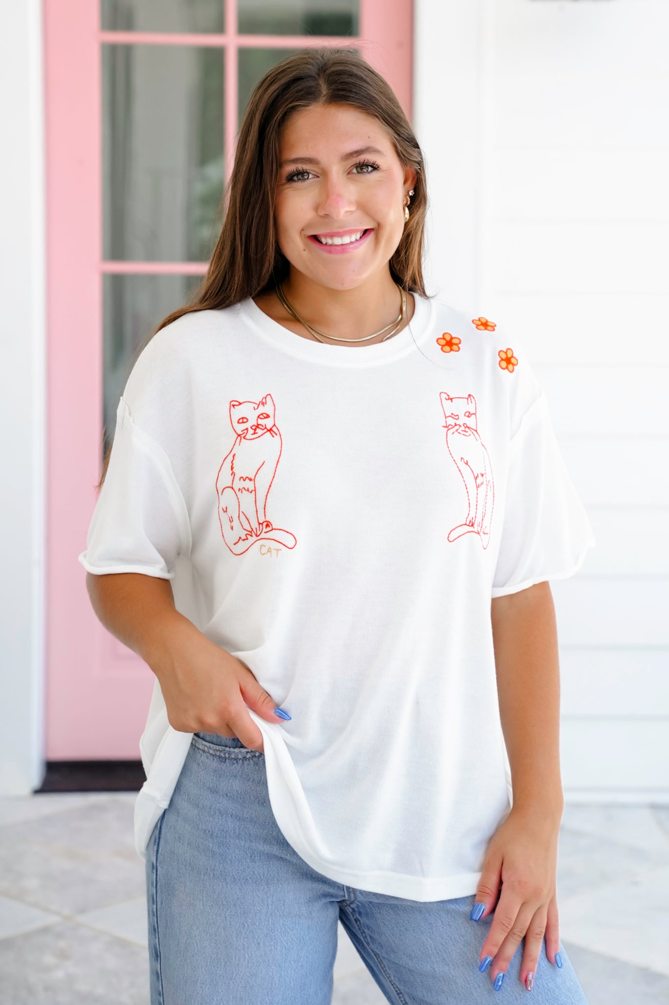 White Short Sleeve Cat Embroidered Top