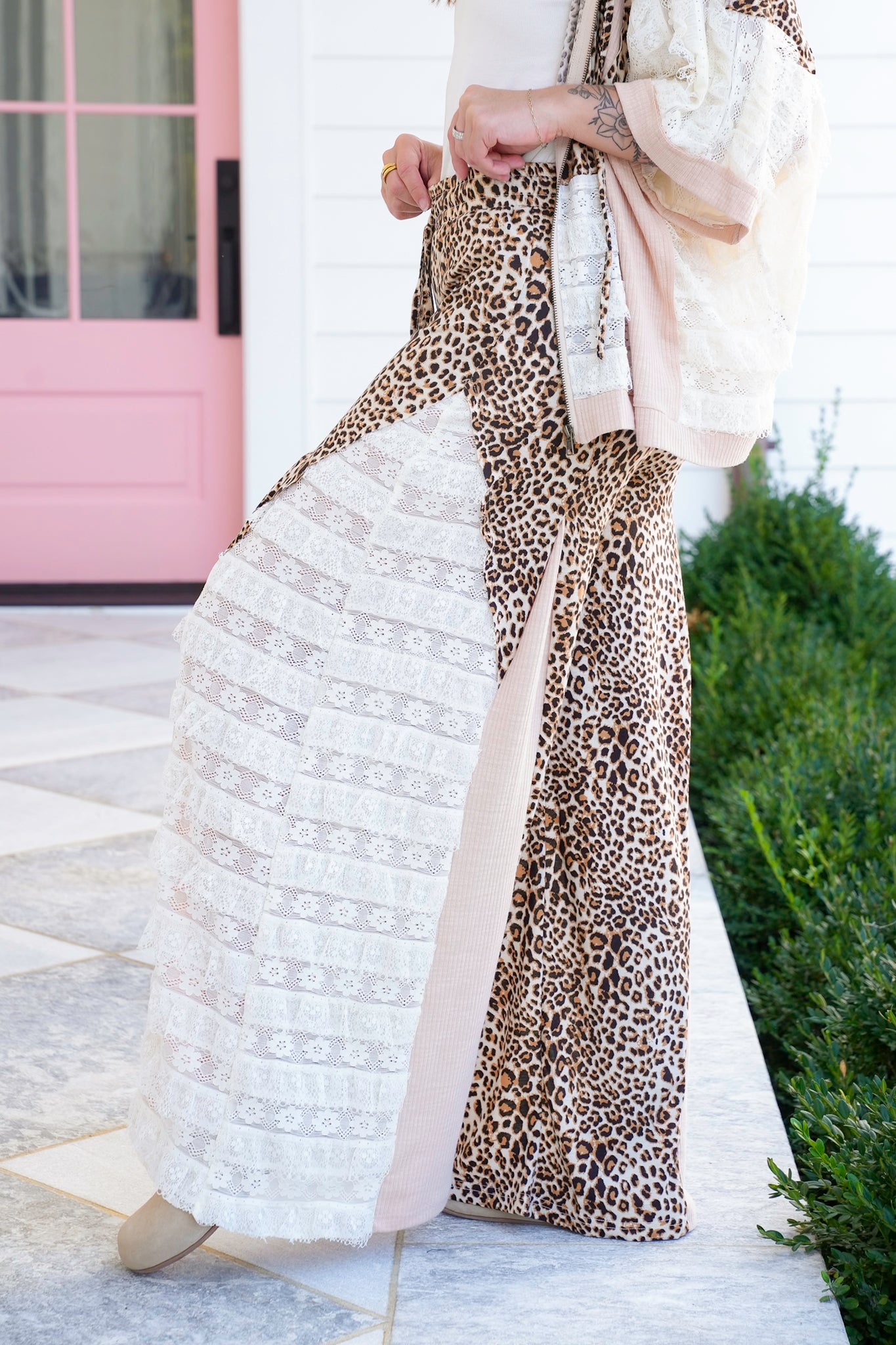 POL Leopard Print Elastic Waist Wide Leg Pants with Lace