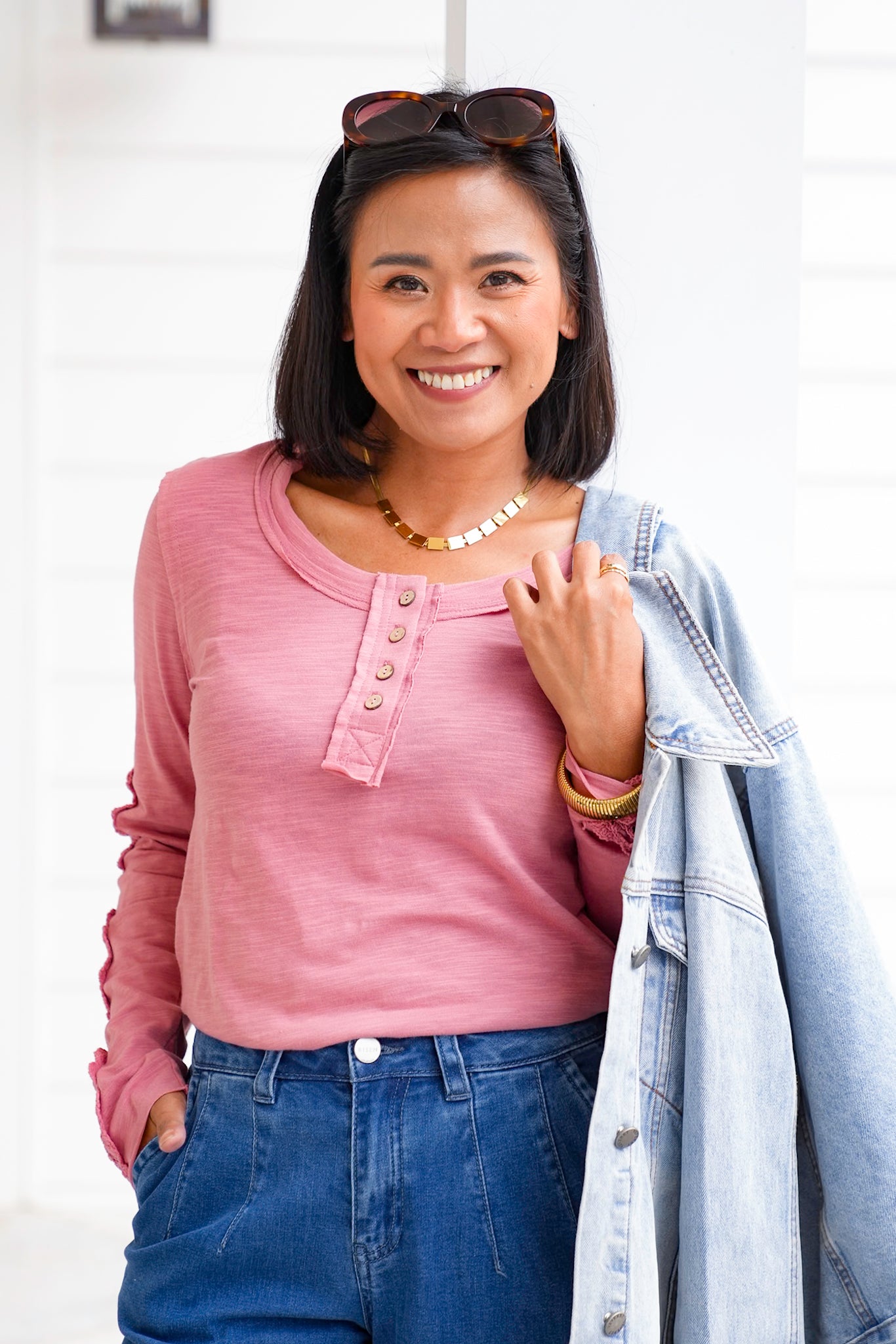 Solid Knit Long Sleeve Top with Lace Trim
