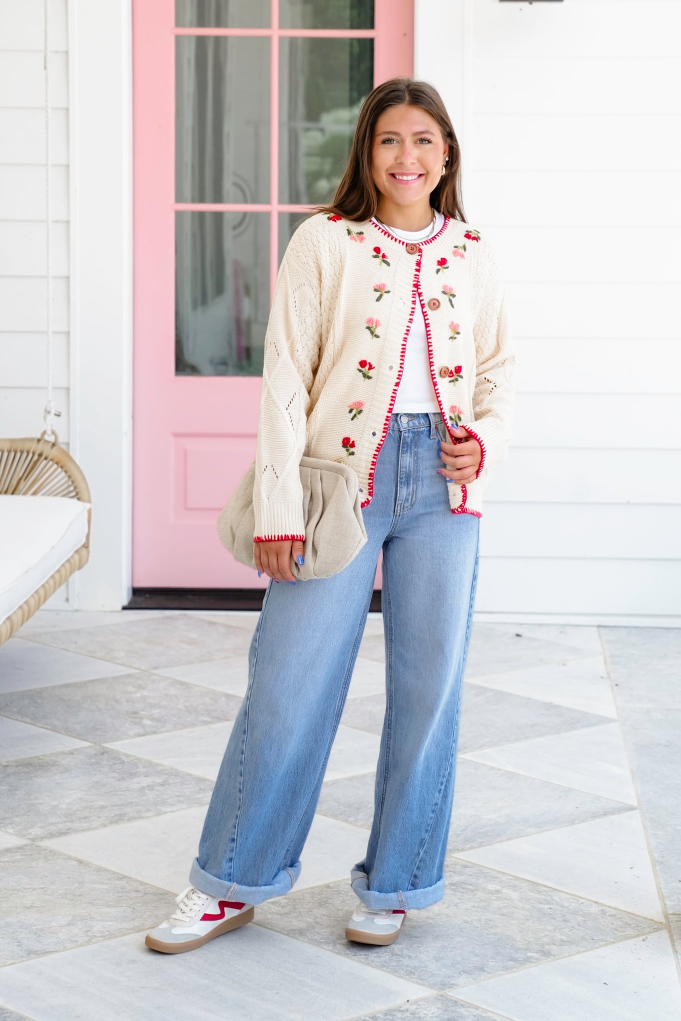 Long Sleeve Button Down Cardigan with Floral Embroidery Detail