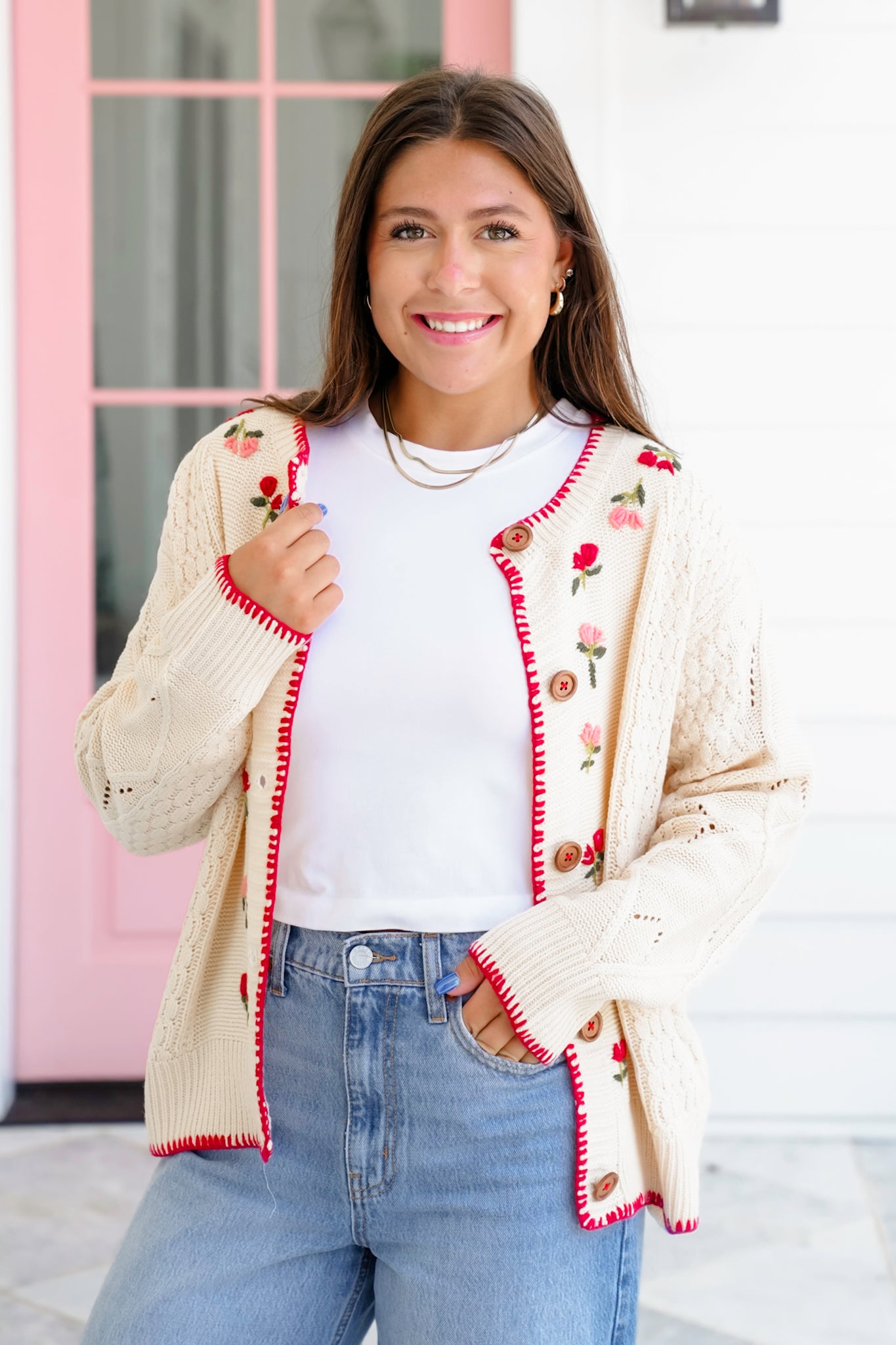 Long Sleeve Button Down Cardigan with Floral Embroidery Detail