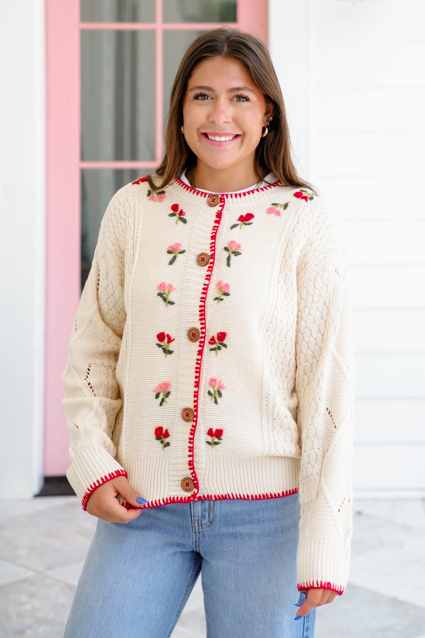 Long Sleeve Button Down Cardigan with Floral Embroidery Detail