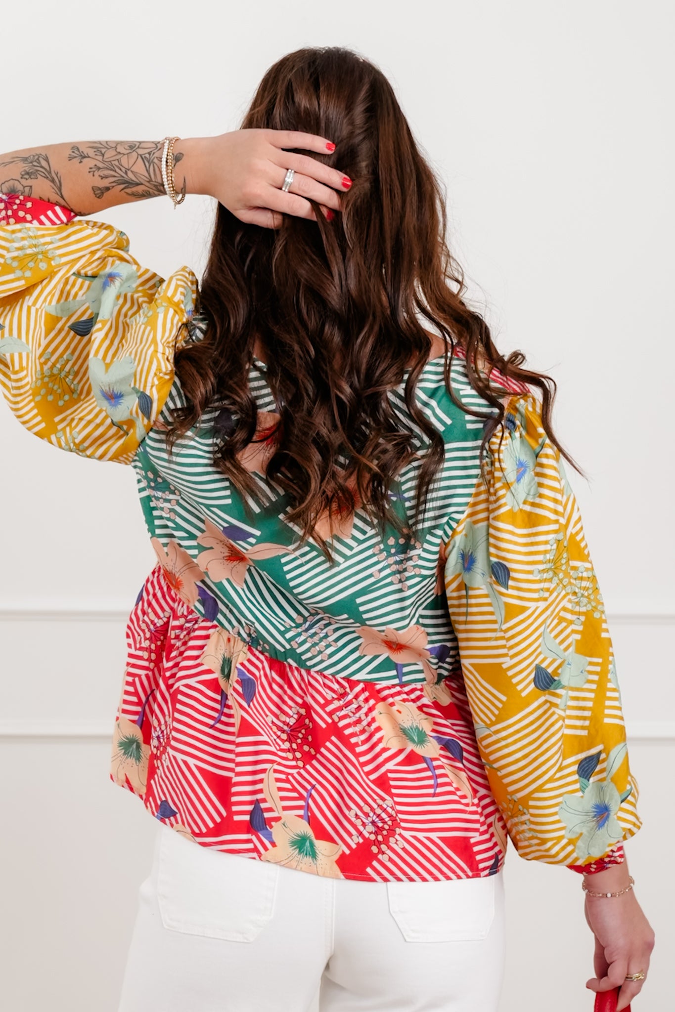 Floral Color Block 3/4 Sleeve Top with Front Bow Tie