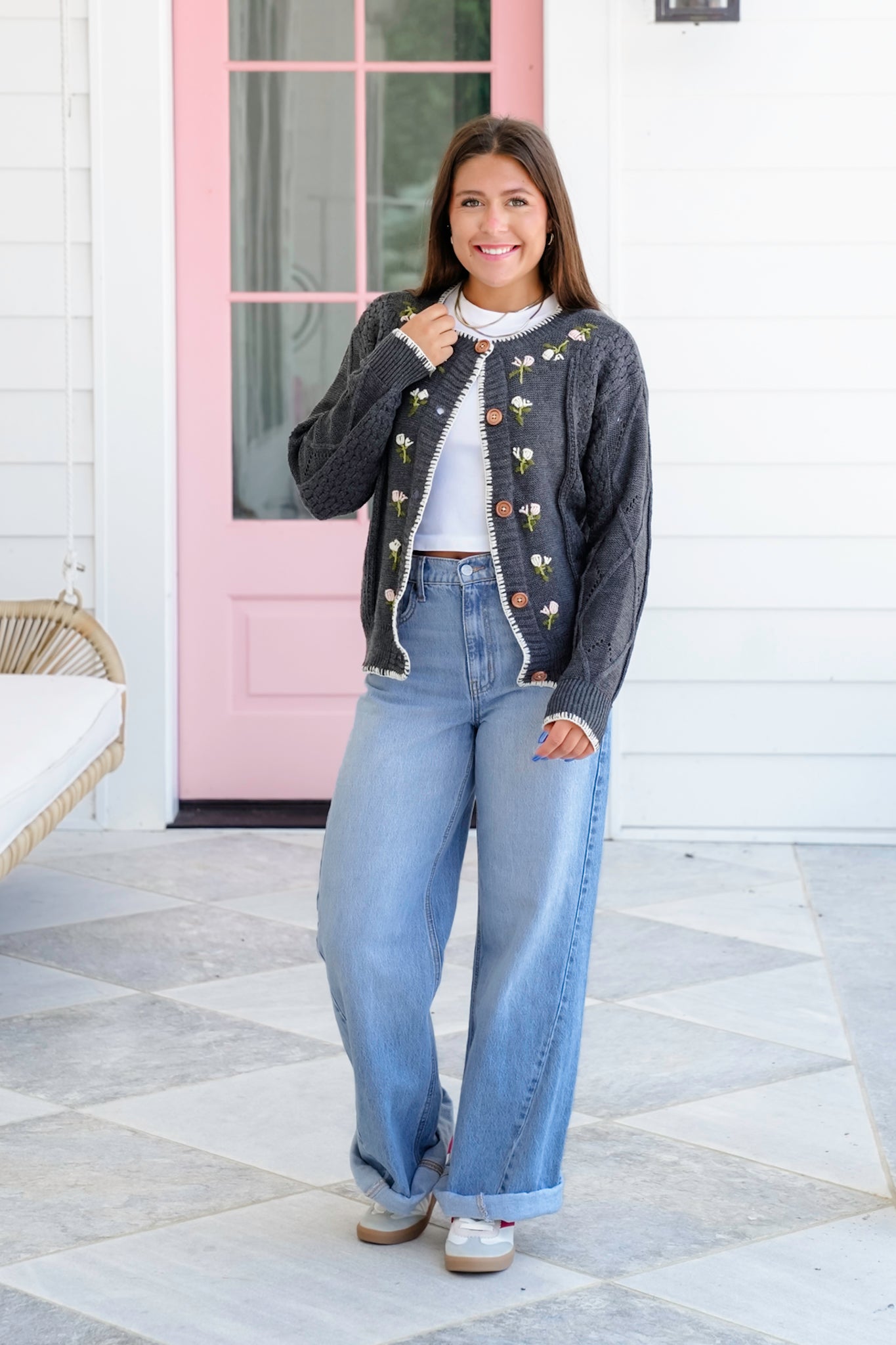 Long Sleeve Button Down Cardigan with Floral Embroidery Detail