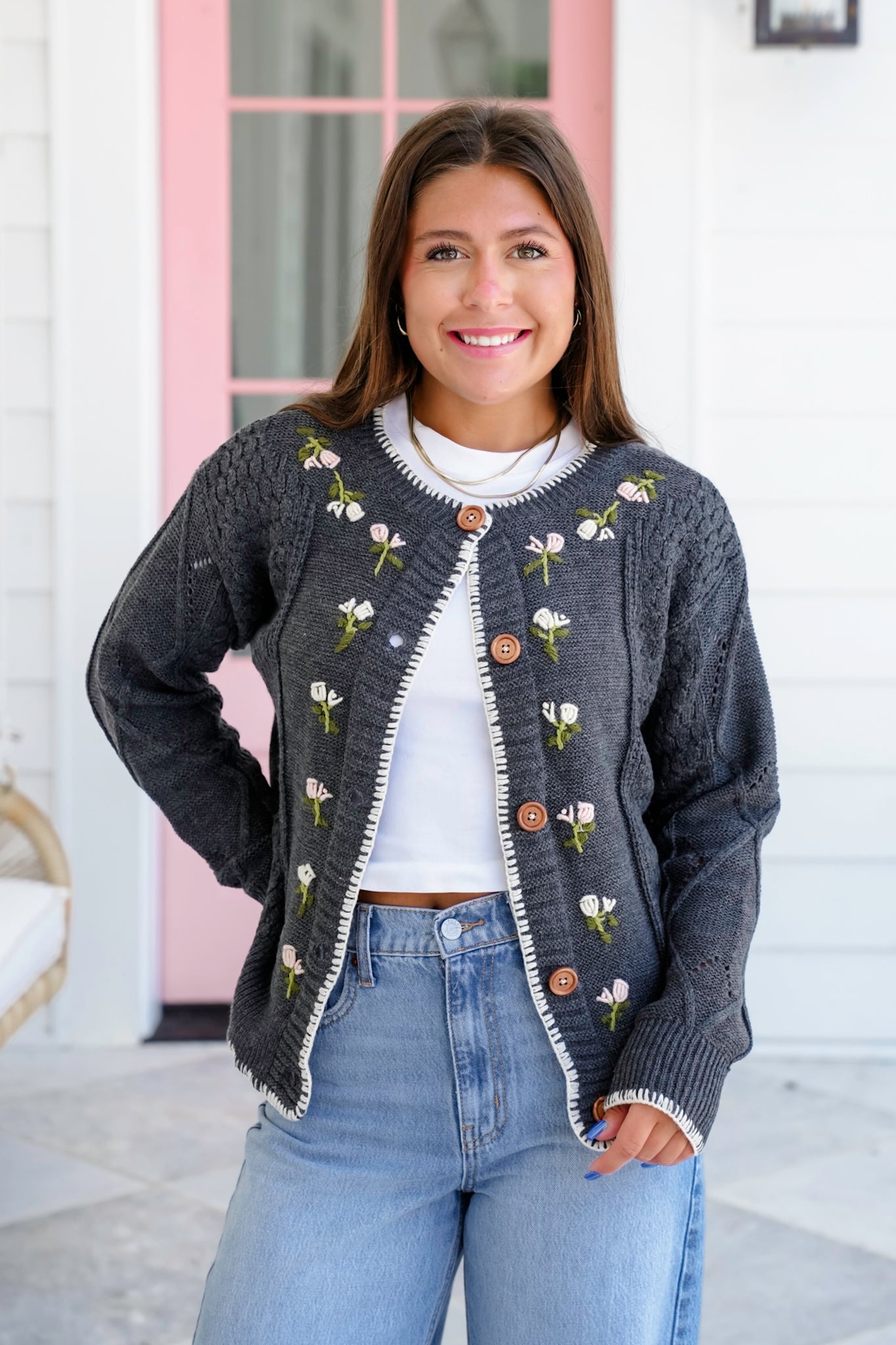 Long Sleeve Button Down Cardigan with Floral Embroidery Detail