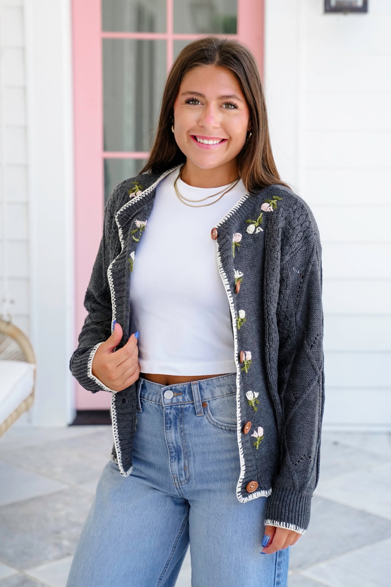 Long Sleeve Button Down Cardigan with Floral Embroidery Detail