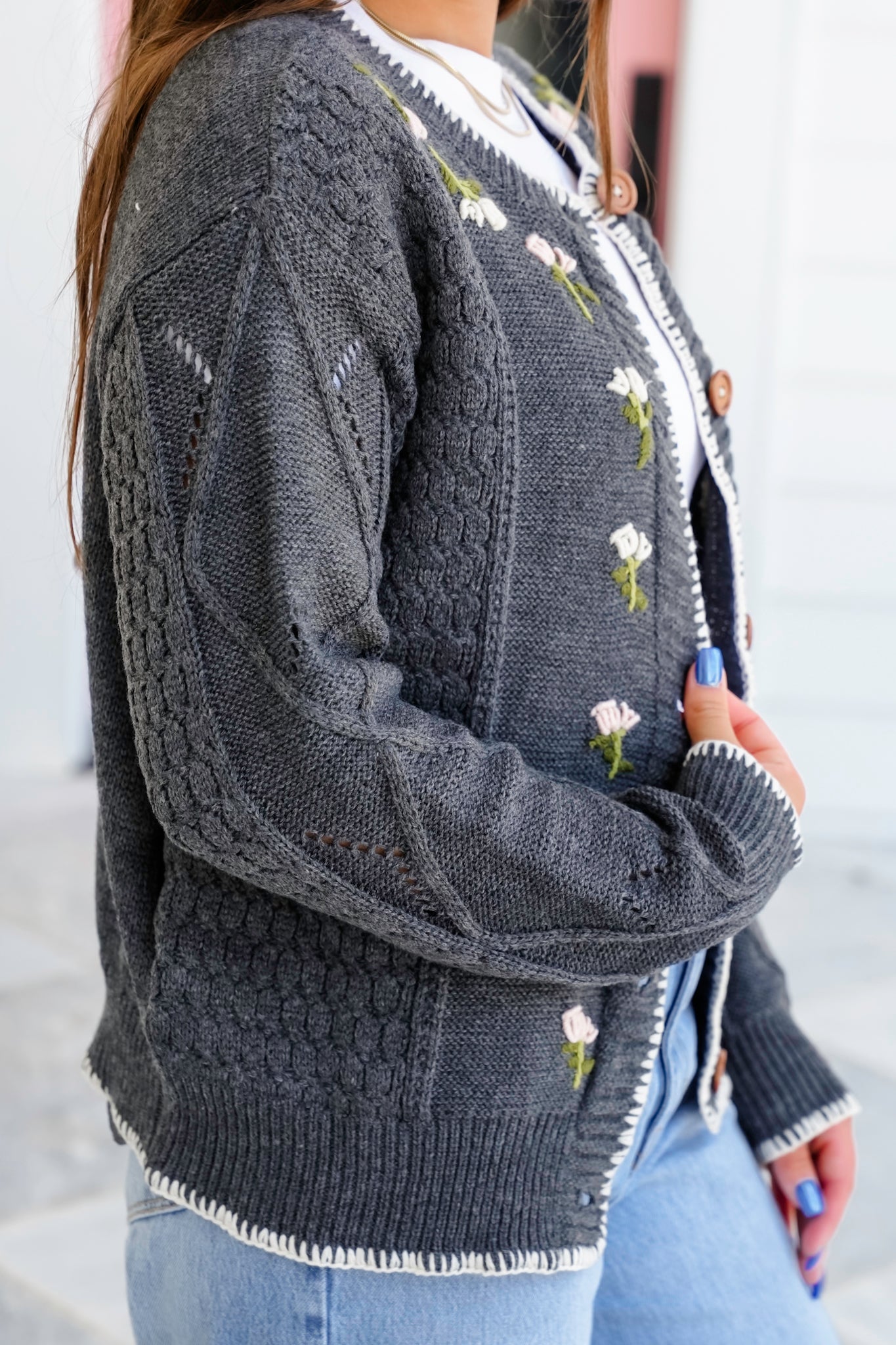 Long Sleeve Button Down Cardigan with Floral Embroidery Detail