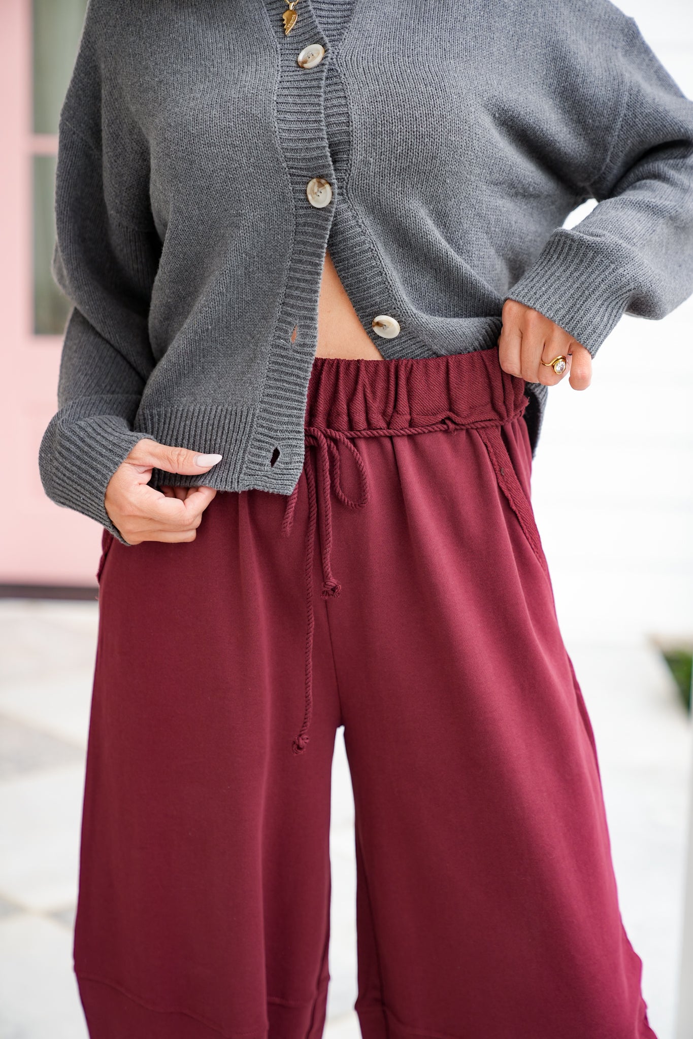 Elastic Waist Knit Barrel Pants with Side Pockets