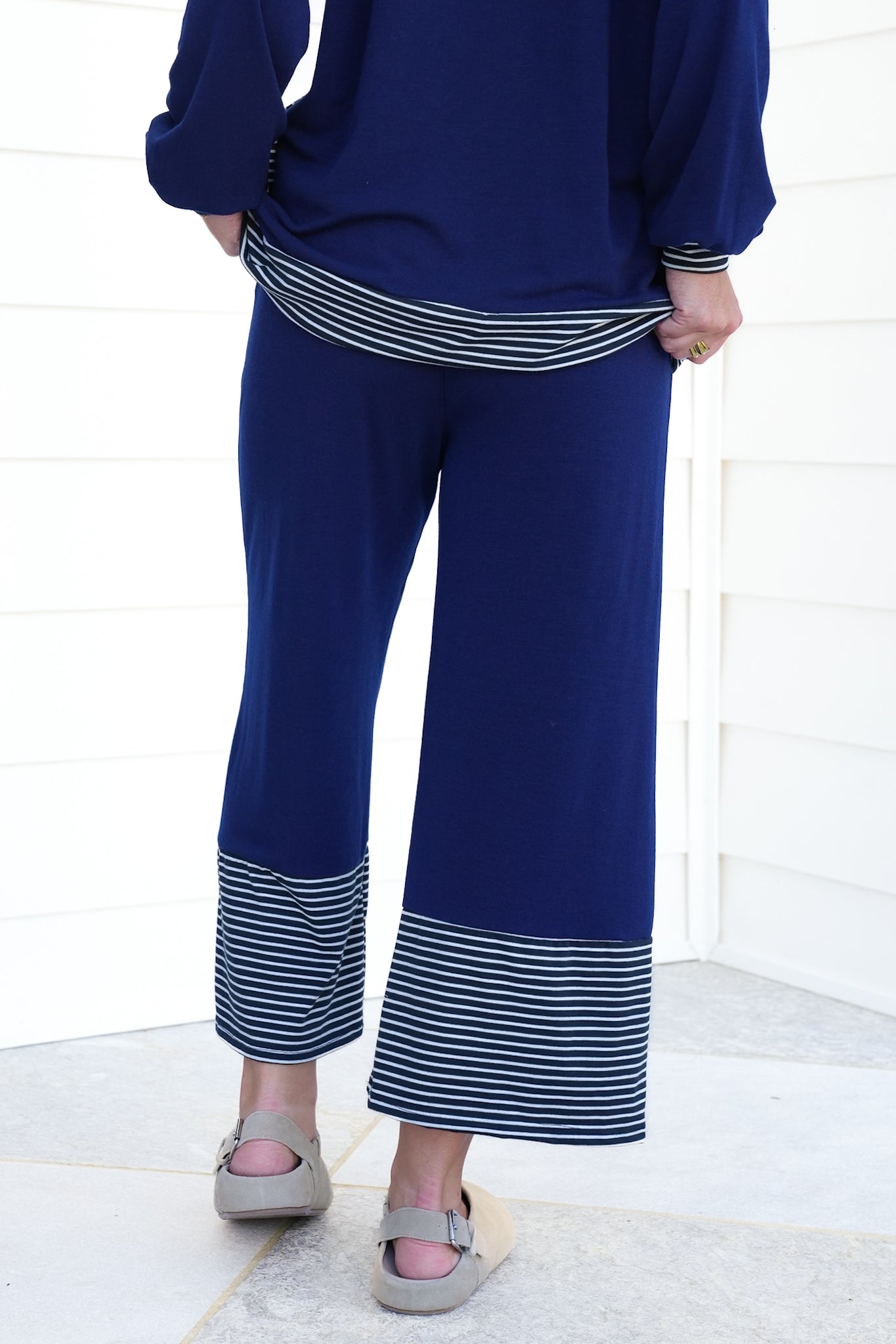 Plus/Reg Navy Elastic Waist Pants with Stripes
