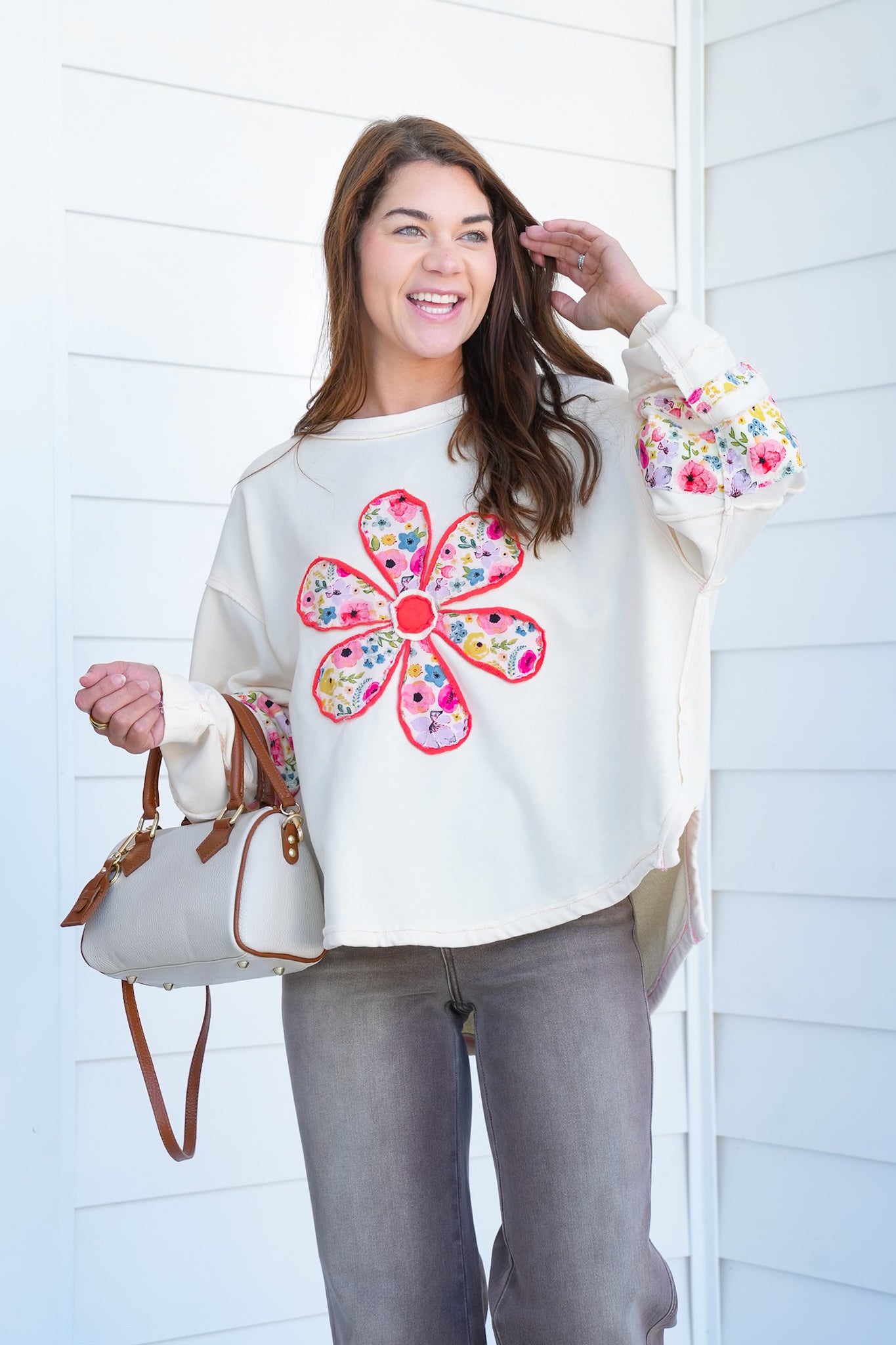 Long Sleeve Pullover Top with Daisy Patch