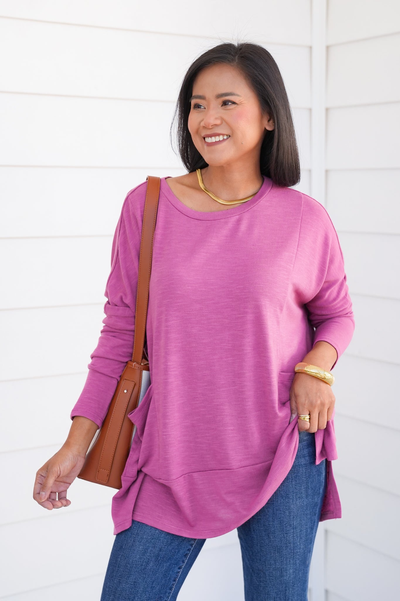 Door Buster! Plus/Reg Solid Long Sleeve Round Neck Top with Kangaroo Pockets