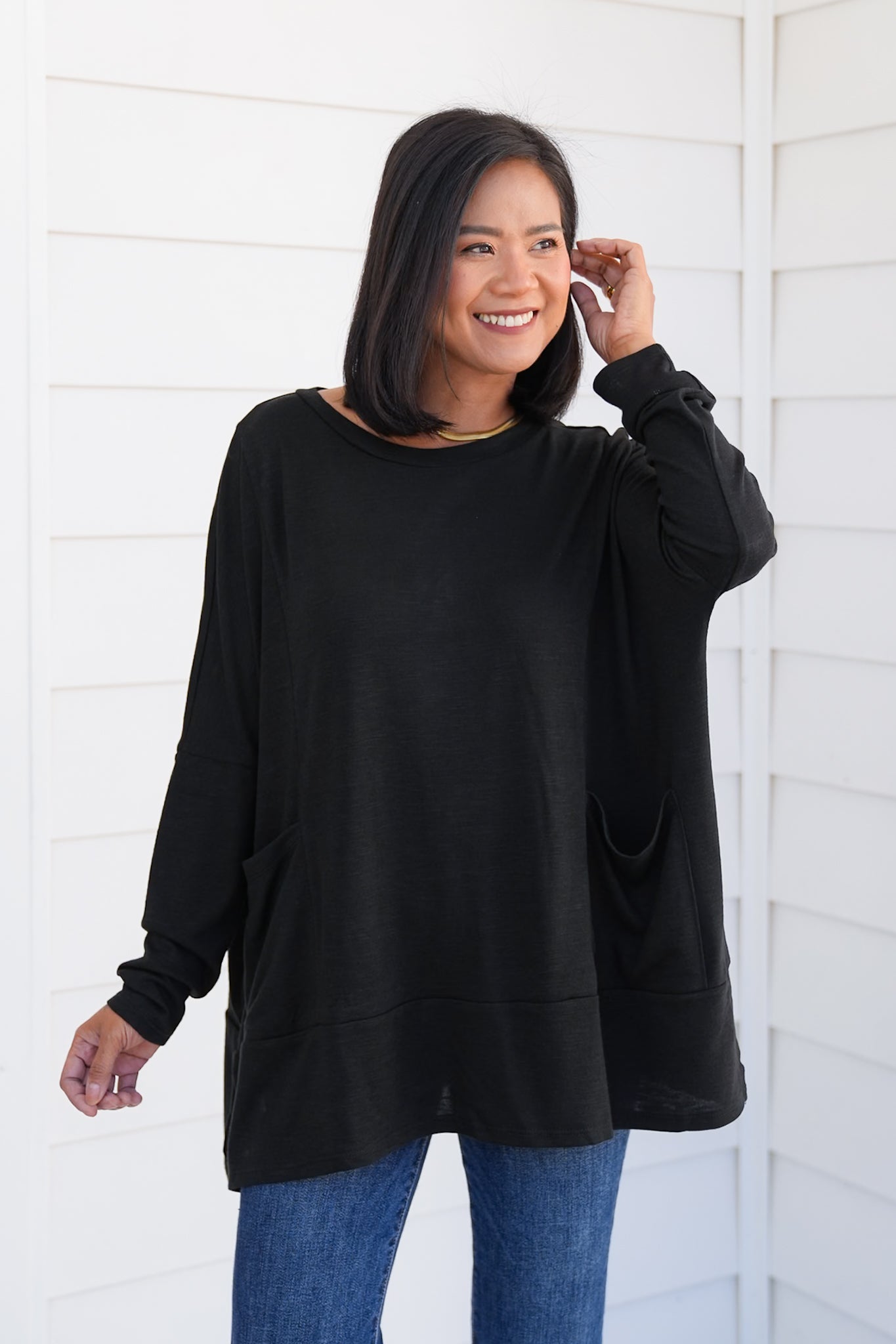 Door Buster! Plus/Reg Solid Long Sleeve Round Neck Top with Kangaroo Pockets