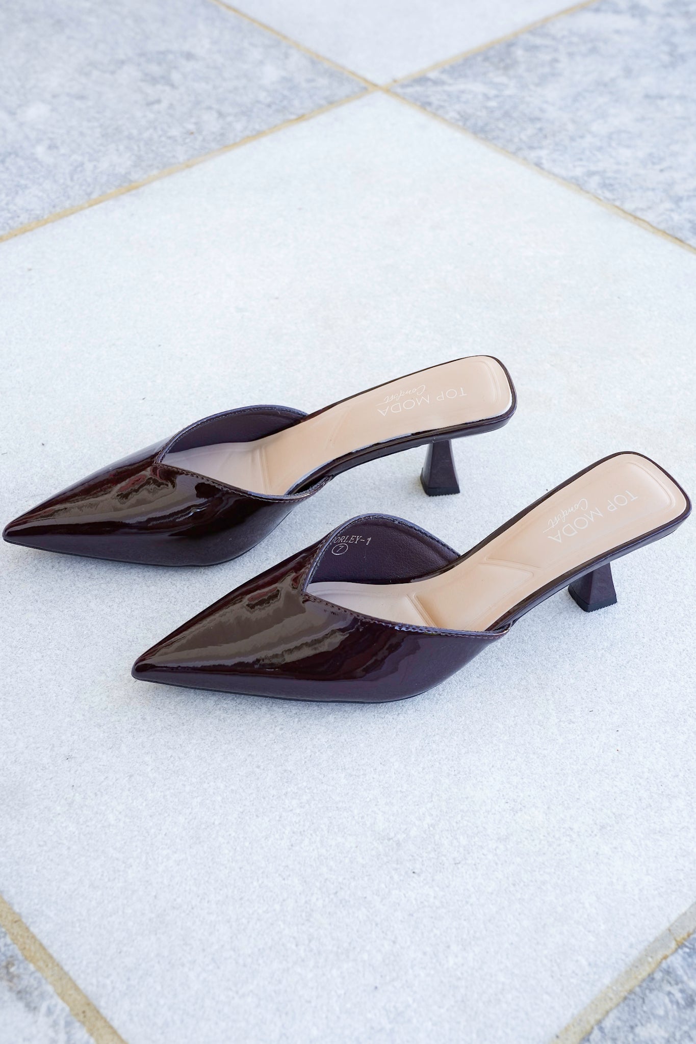 Vegan Patent Leather Kitten Heel Closed Toe Mules