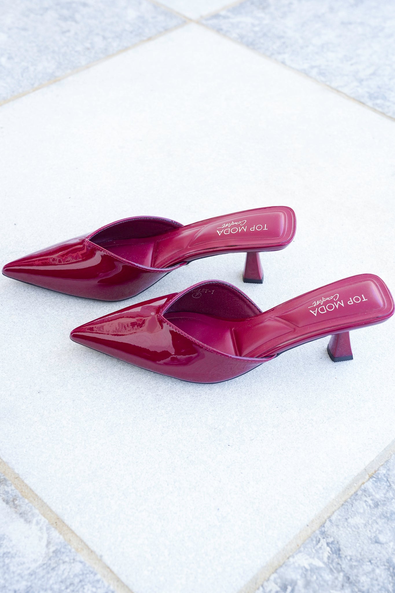 Vegan Patent Leather Kitten Heel Closed Toe Mules