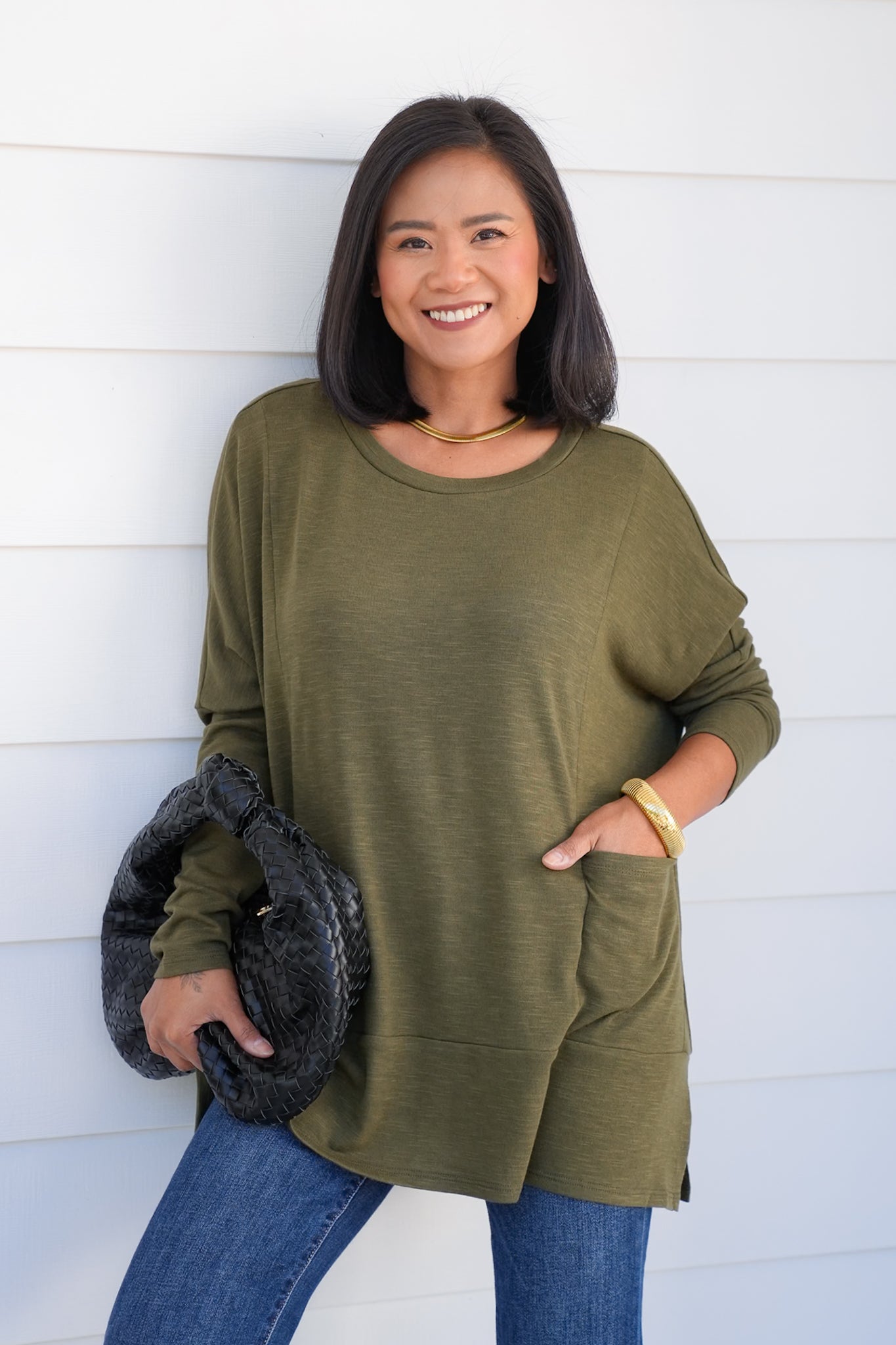 Door Buster! Plus/Reg Solid Long Sleeve Round Neck Top with Kangaroo Pockets