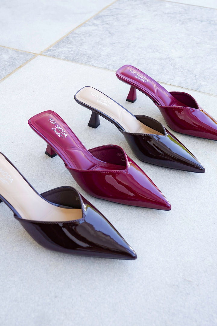 Vegan Patent Leather Kitten Heel Closed Toe Mules