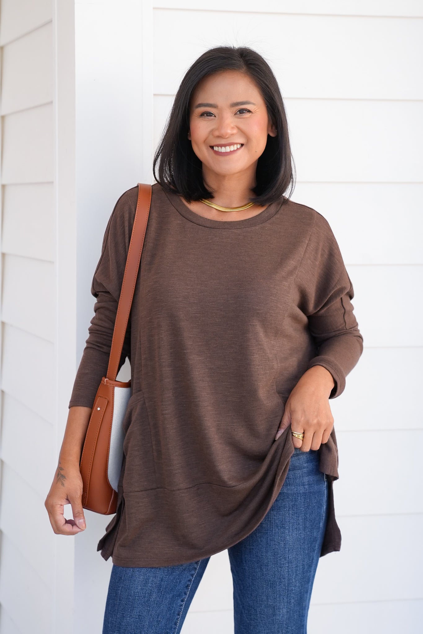 Door Buster! Plus/Reg Solid Long Sleeve Round Neck Top with Kangaroo Pockets