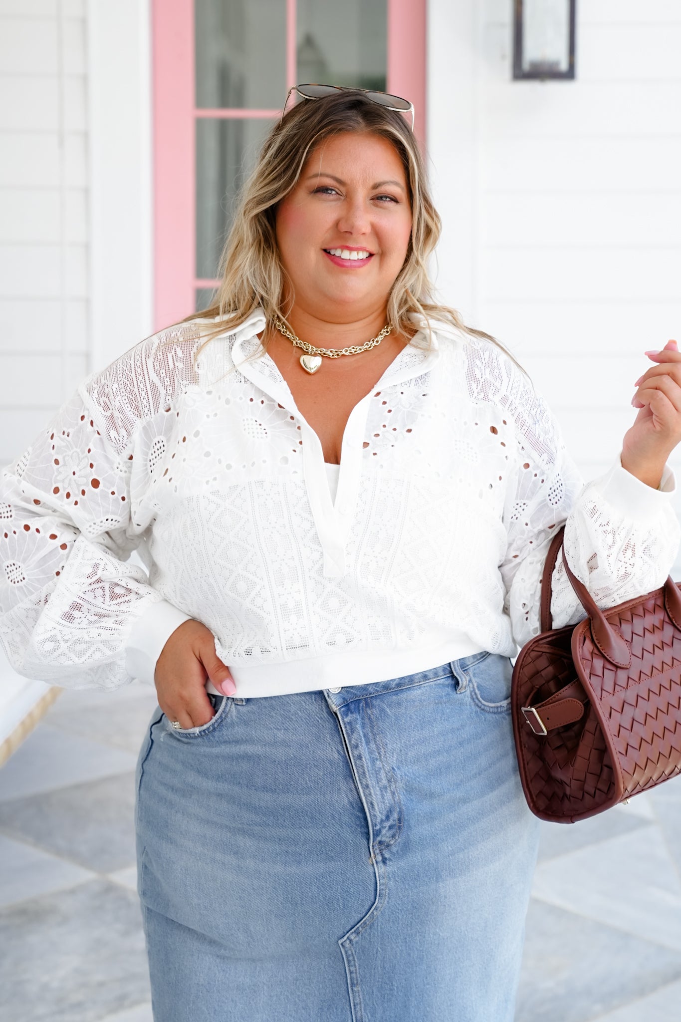 White Long Sleeve Half Button Up Top with Lace Detail