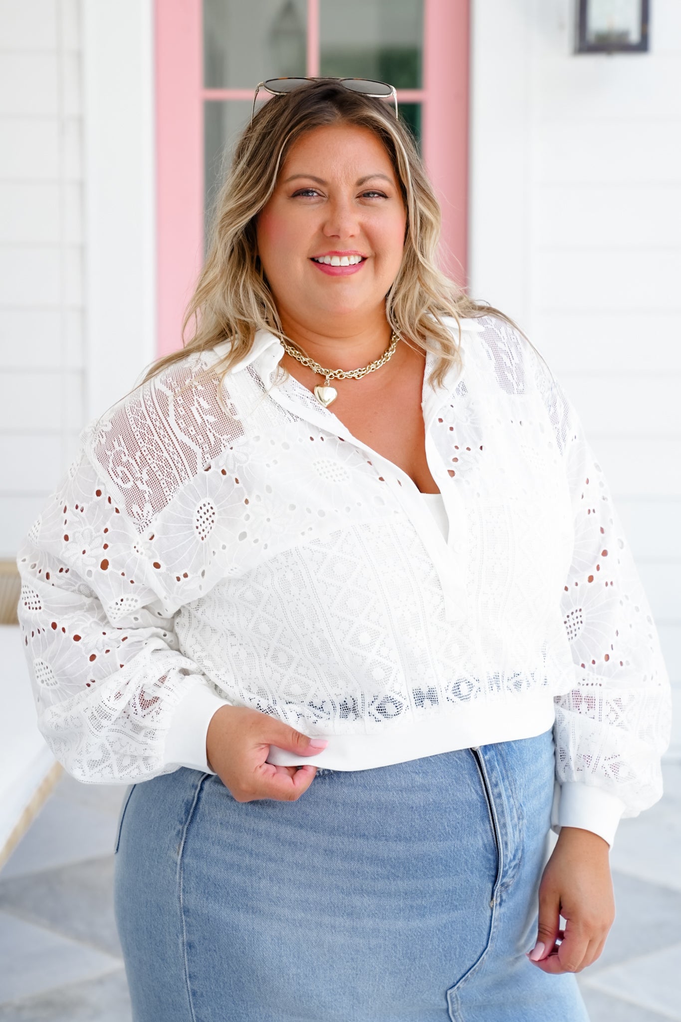 White Long Sleeve Half Button Up Top with Lace Detail