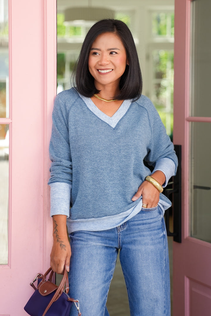 Heathered Long Sleeve V Neck Pullover Top