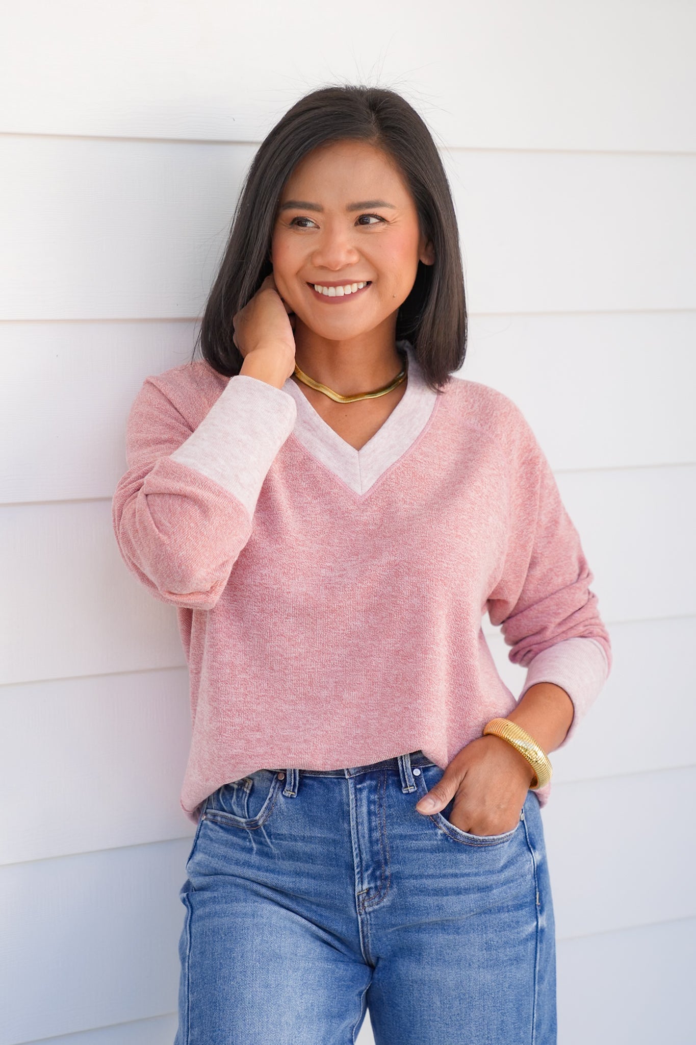Heathered Long Sleeve V Neck Pullover Top