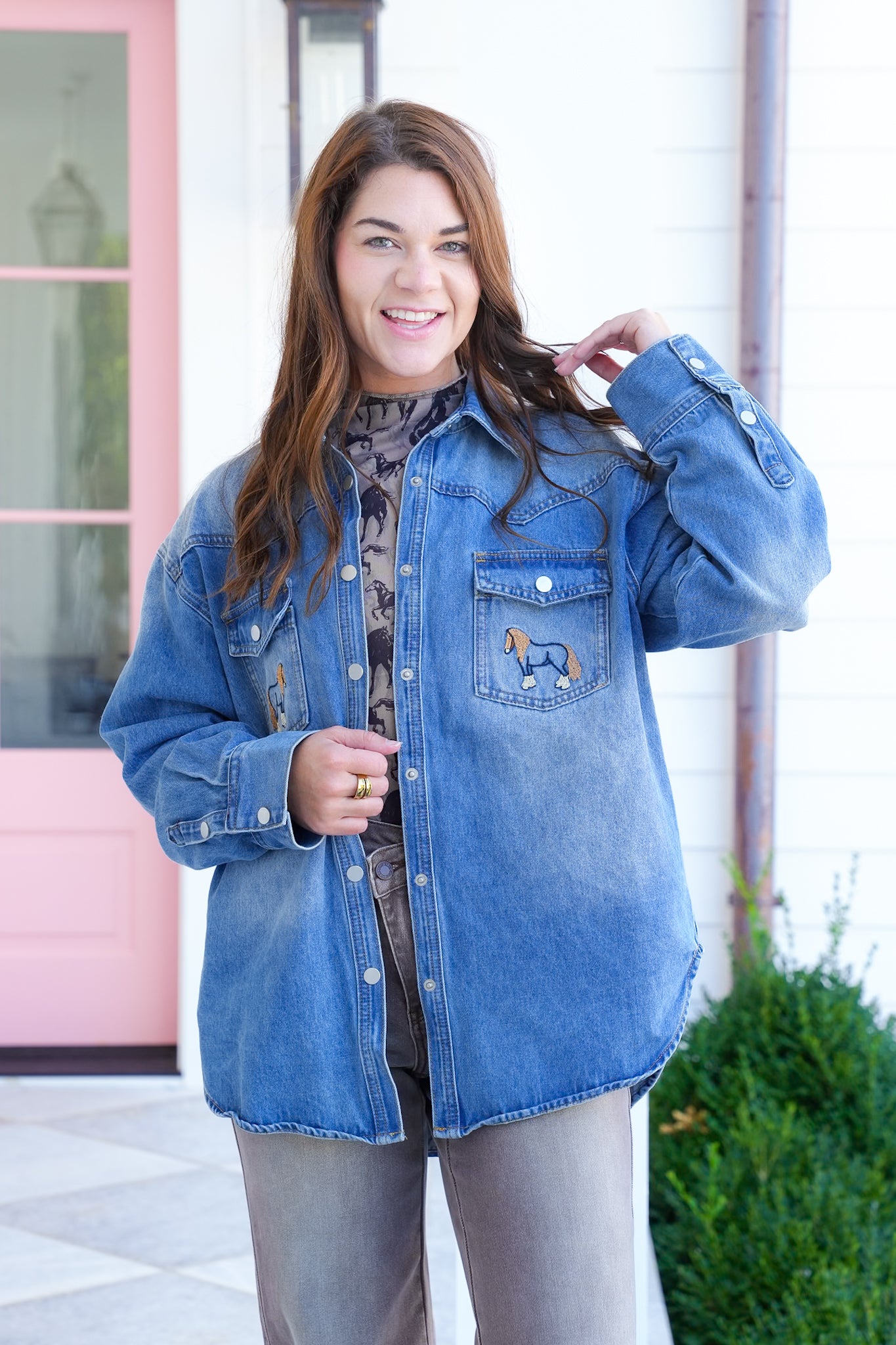 Medium Wash Long Sleeve Embroidered Horse Shacket