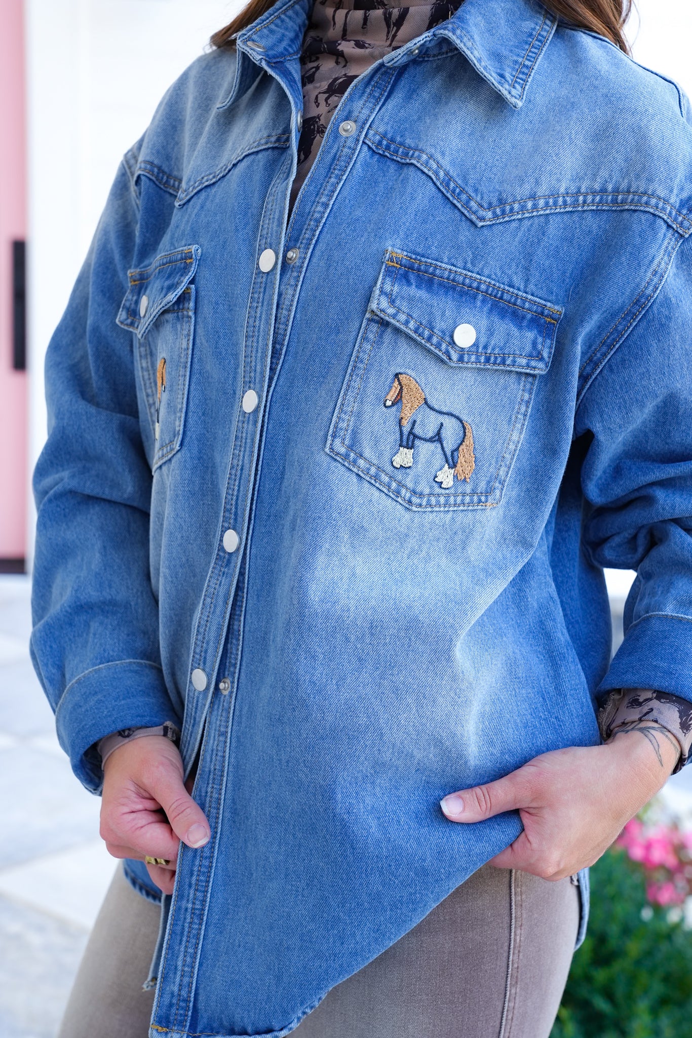 Medium Wash Long Sleeve Embroidered Horse Shacket