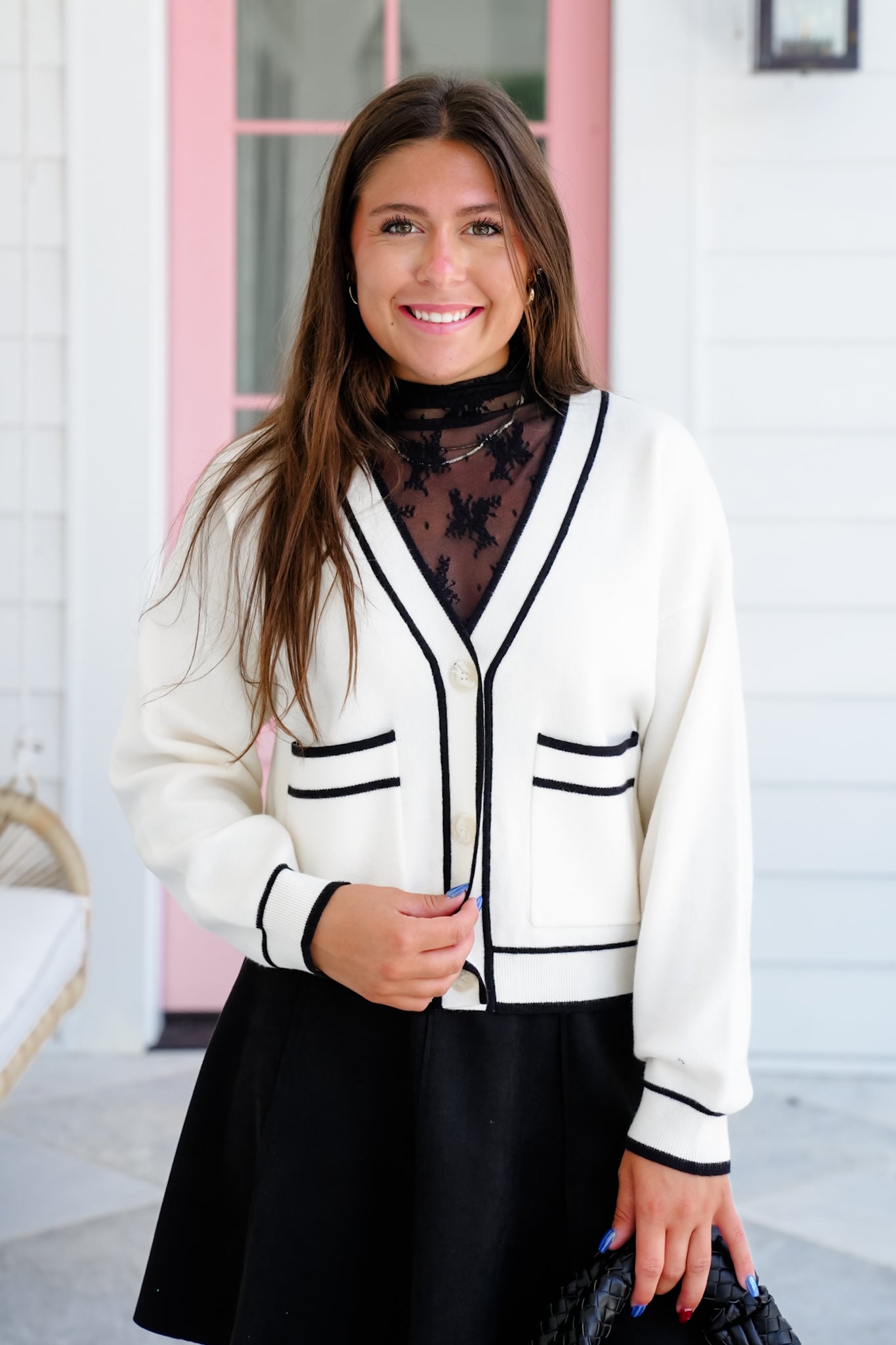 Plus/Reg Long Sleeve Button Down Cardigan with Contrast Trim Detail