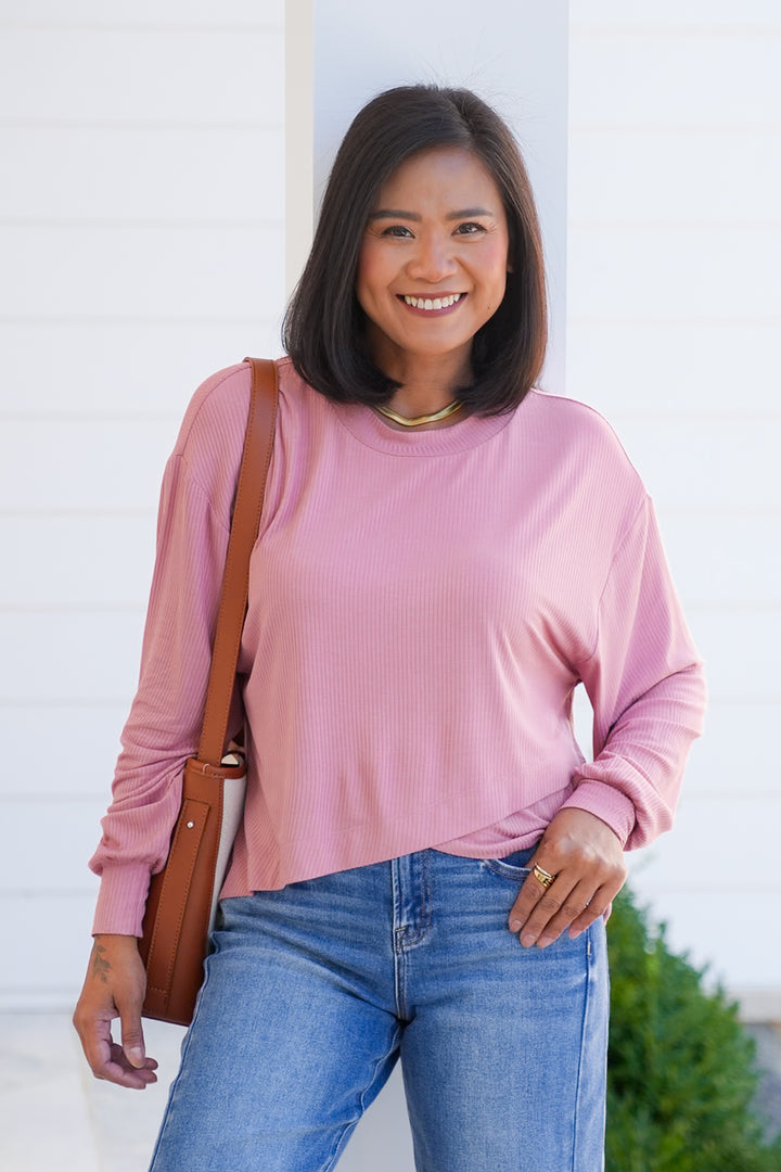 Ribbed Long Sleeve Layered Hem Top
