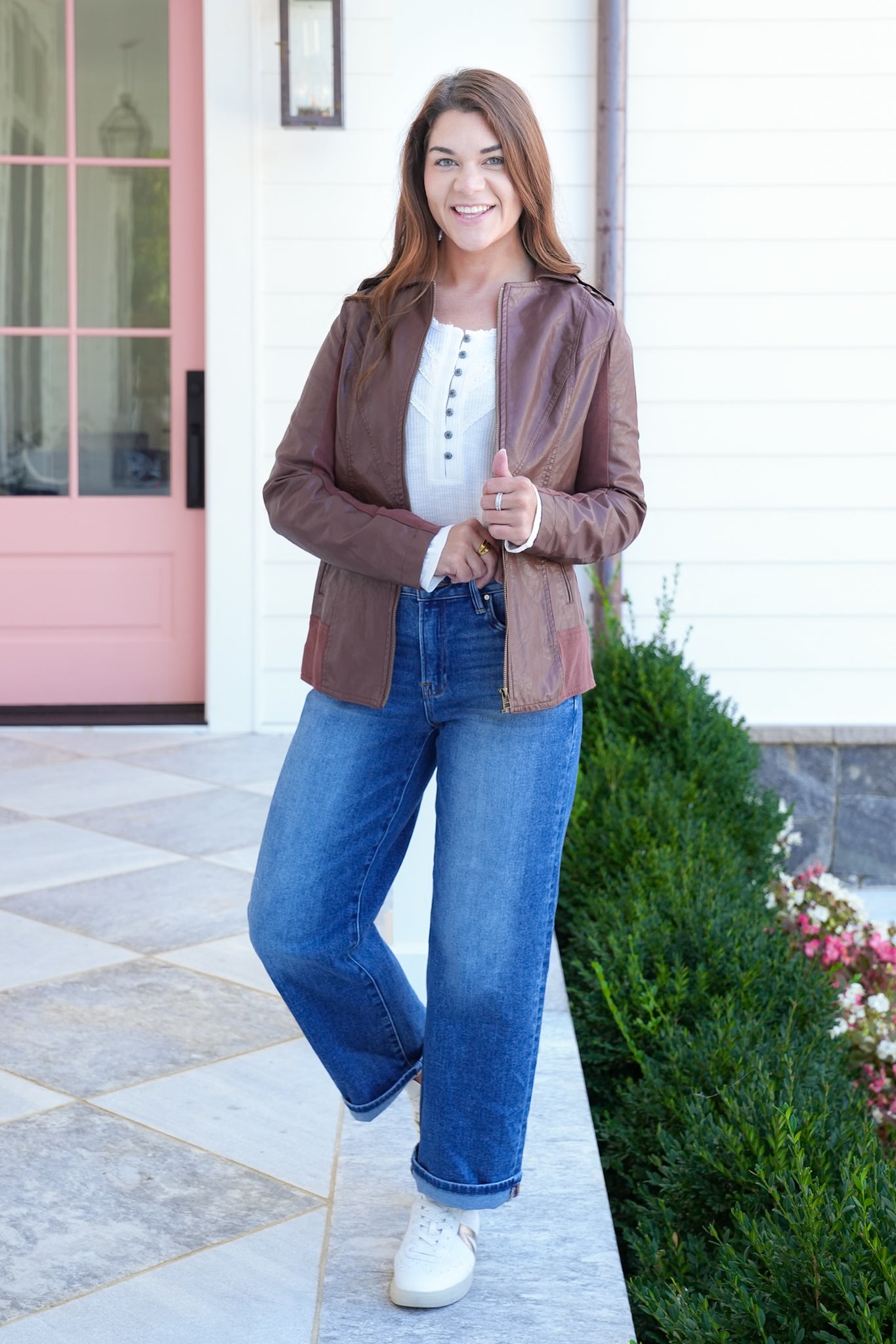 POL Ribbed Long Sleeve Half Button Up Top