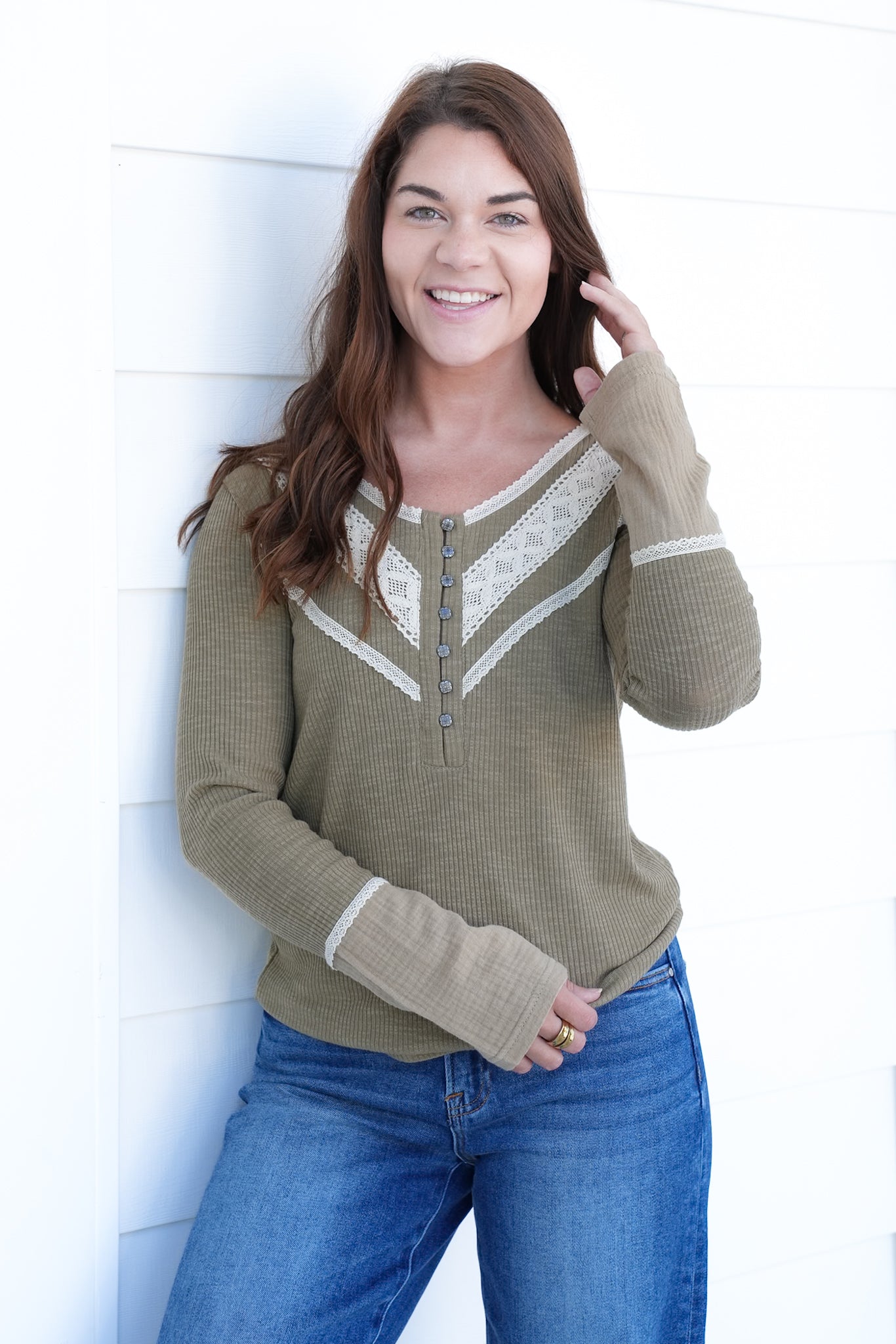 POL Ribbed Long Sleeve Half Button Up Top