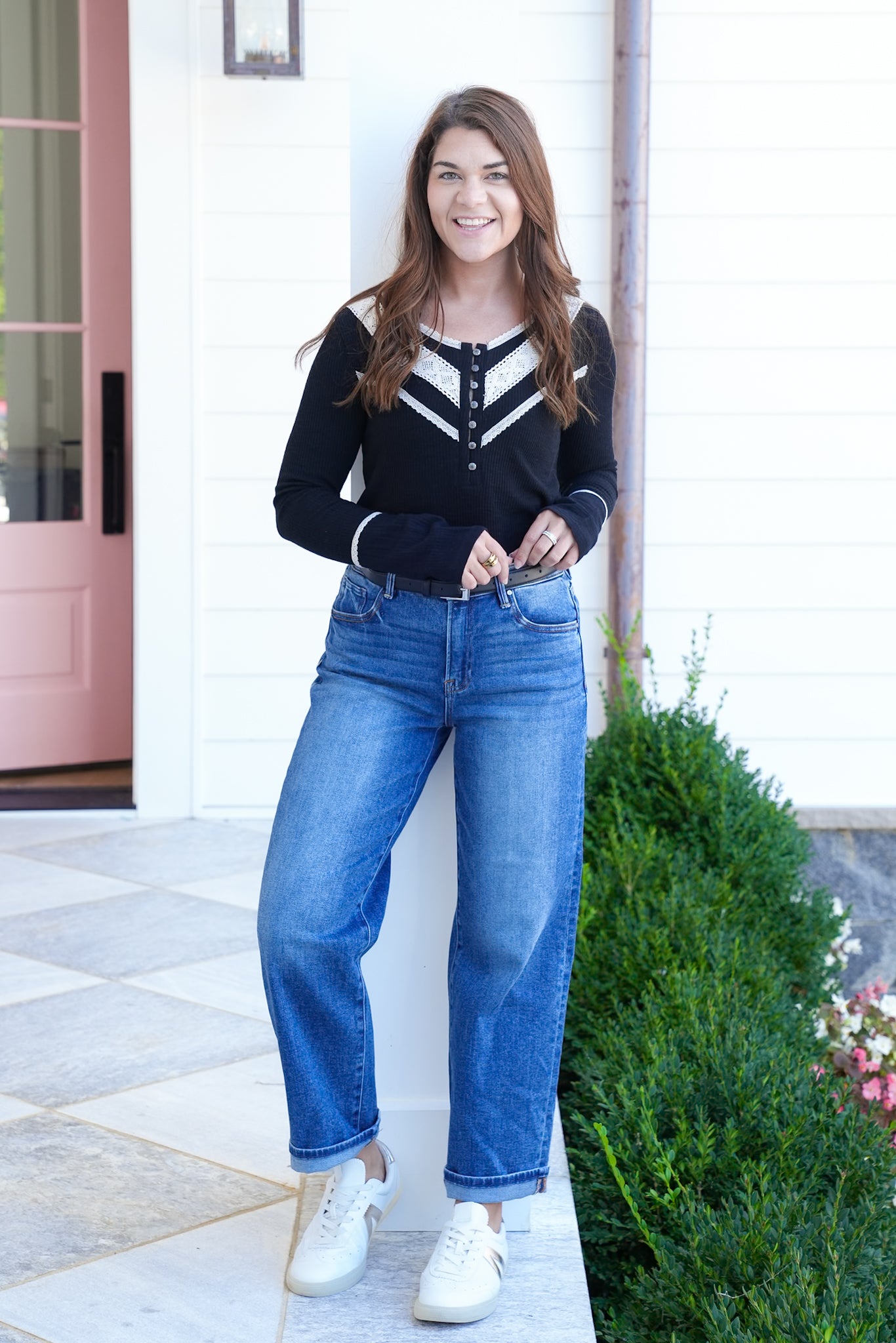 POL Ribbed Long Sleeve Half Button Up Top