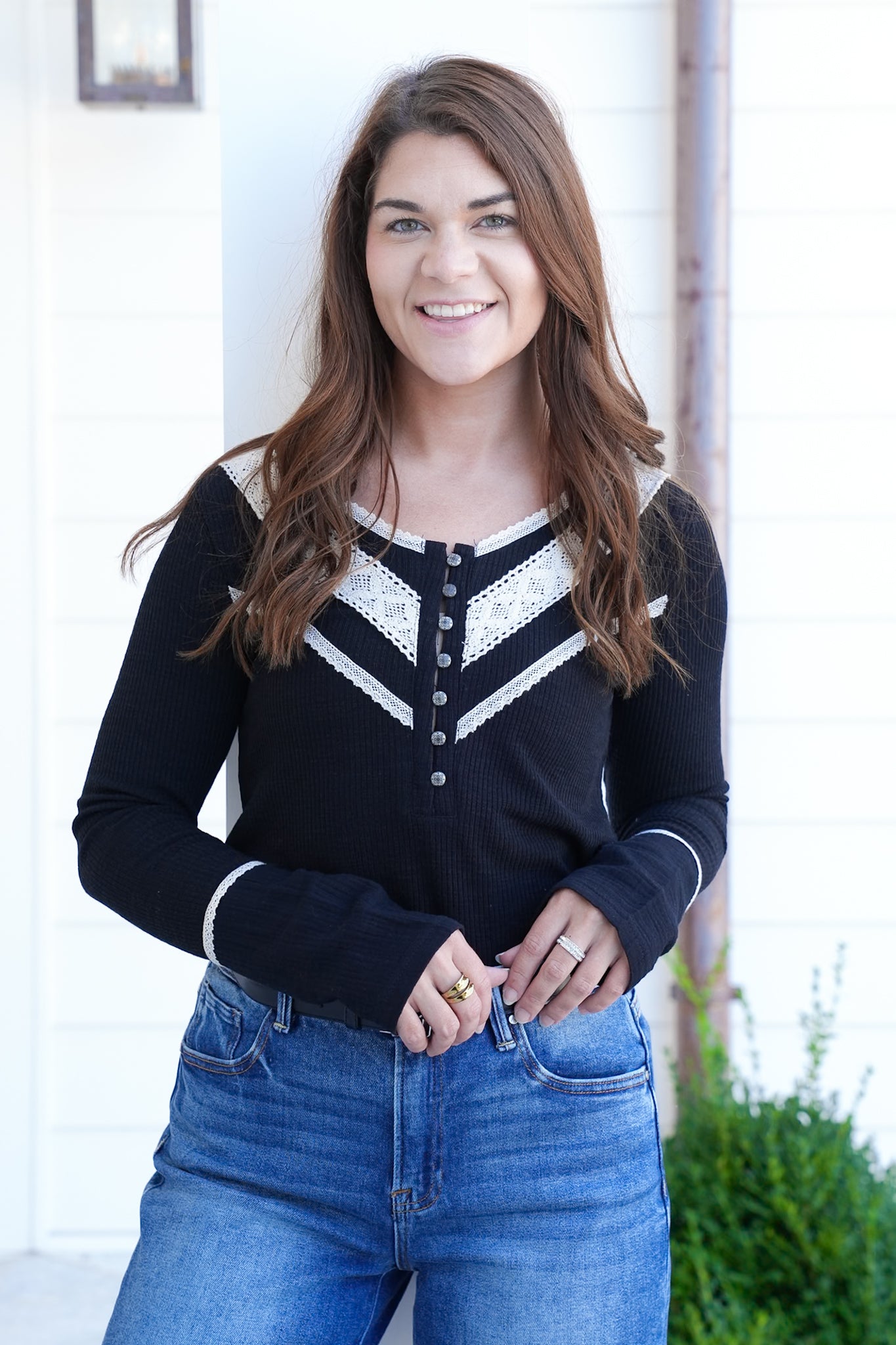 POL Ribbed Long Sleeve Half Button Up Top