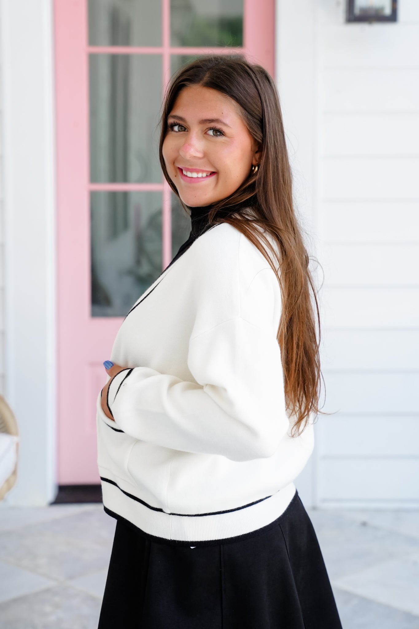 Plus/Reg Long Sleeve Button Down Cardigan with Contrast Trim Detail