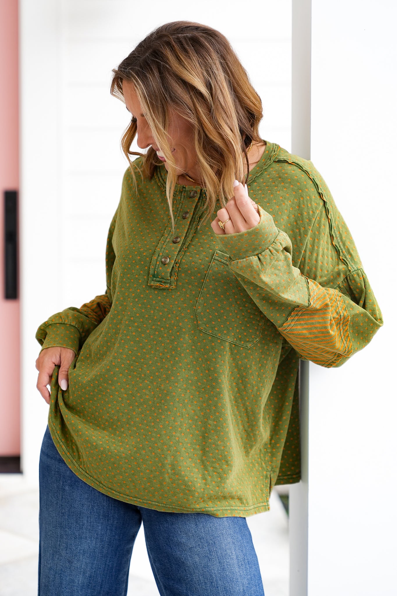 Mixed Print Long Sleeve Henley Pullover Top