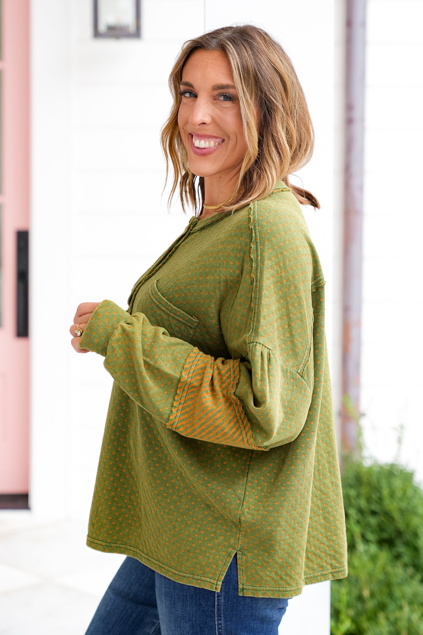 Mixed Print Long Sleeve Henley Pullover Top