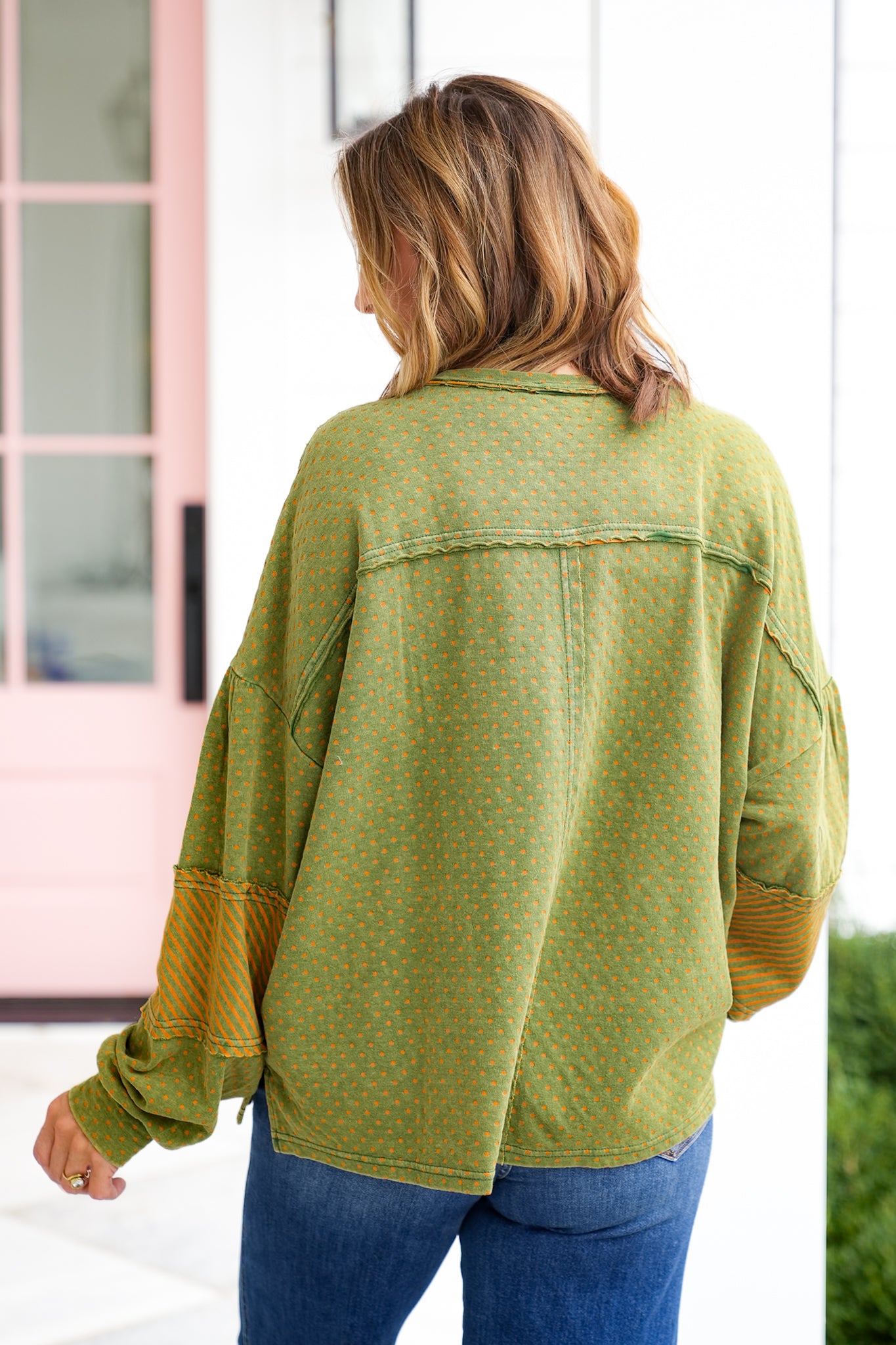 Mixed Print Long Sleeve Henley Pullover Top