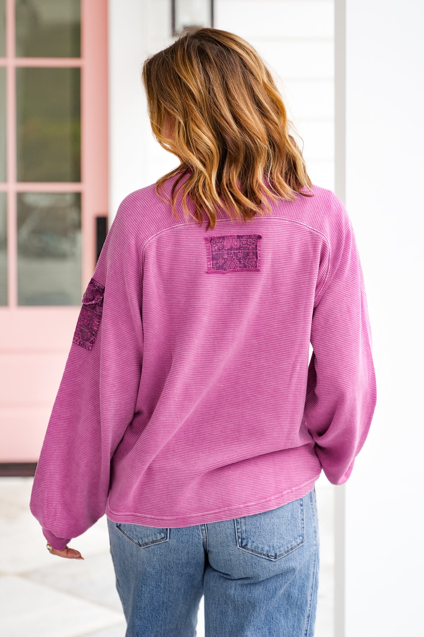 Mineral Washed Terry Pullover with Floral Contrast