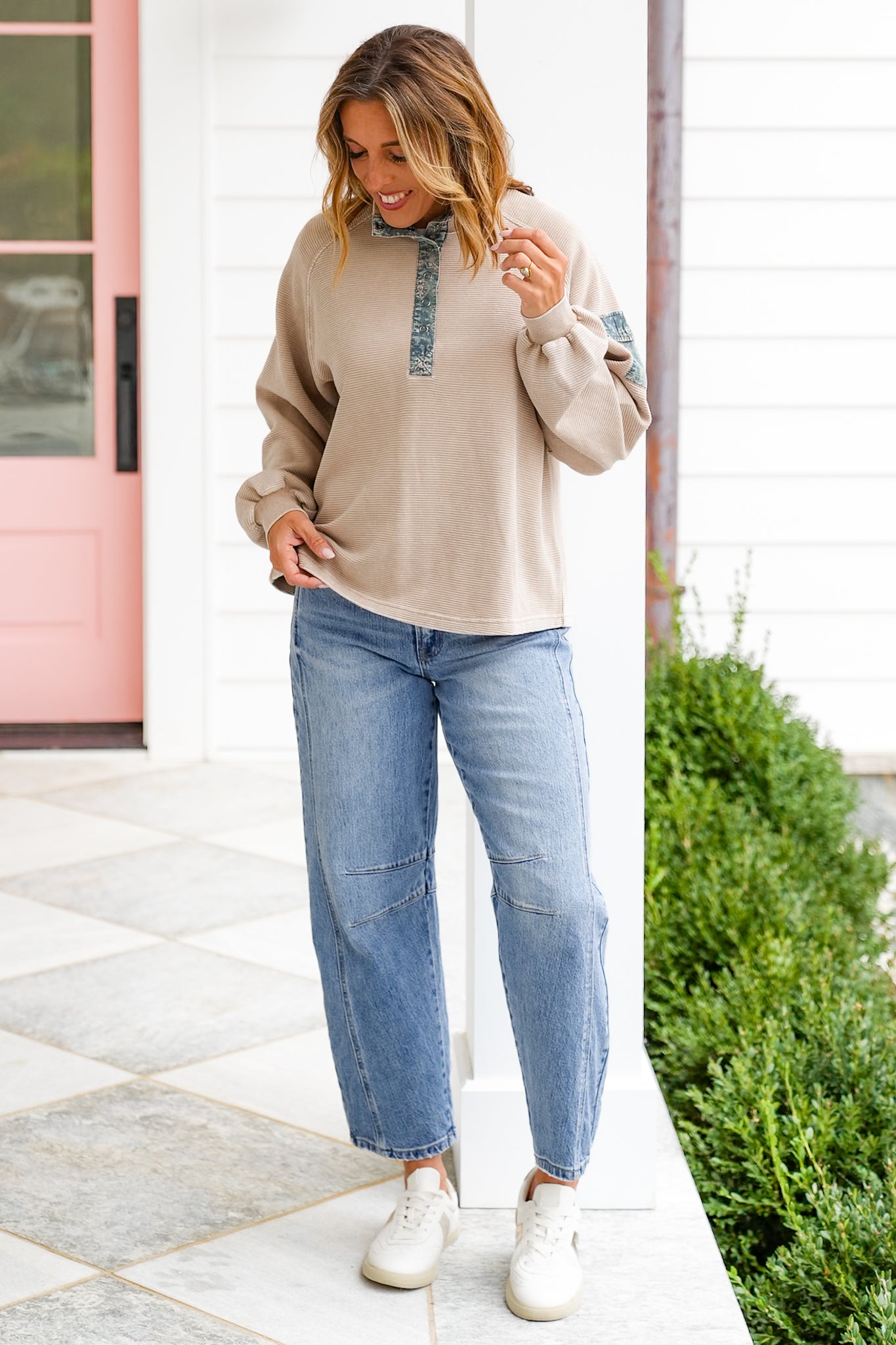 Mineral Washed Terry Pullover with Floral Contrast