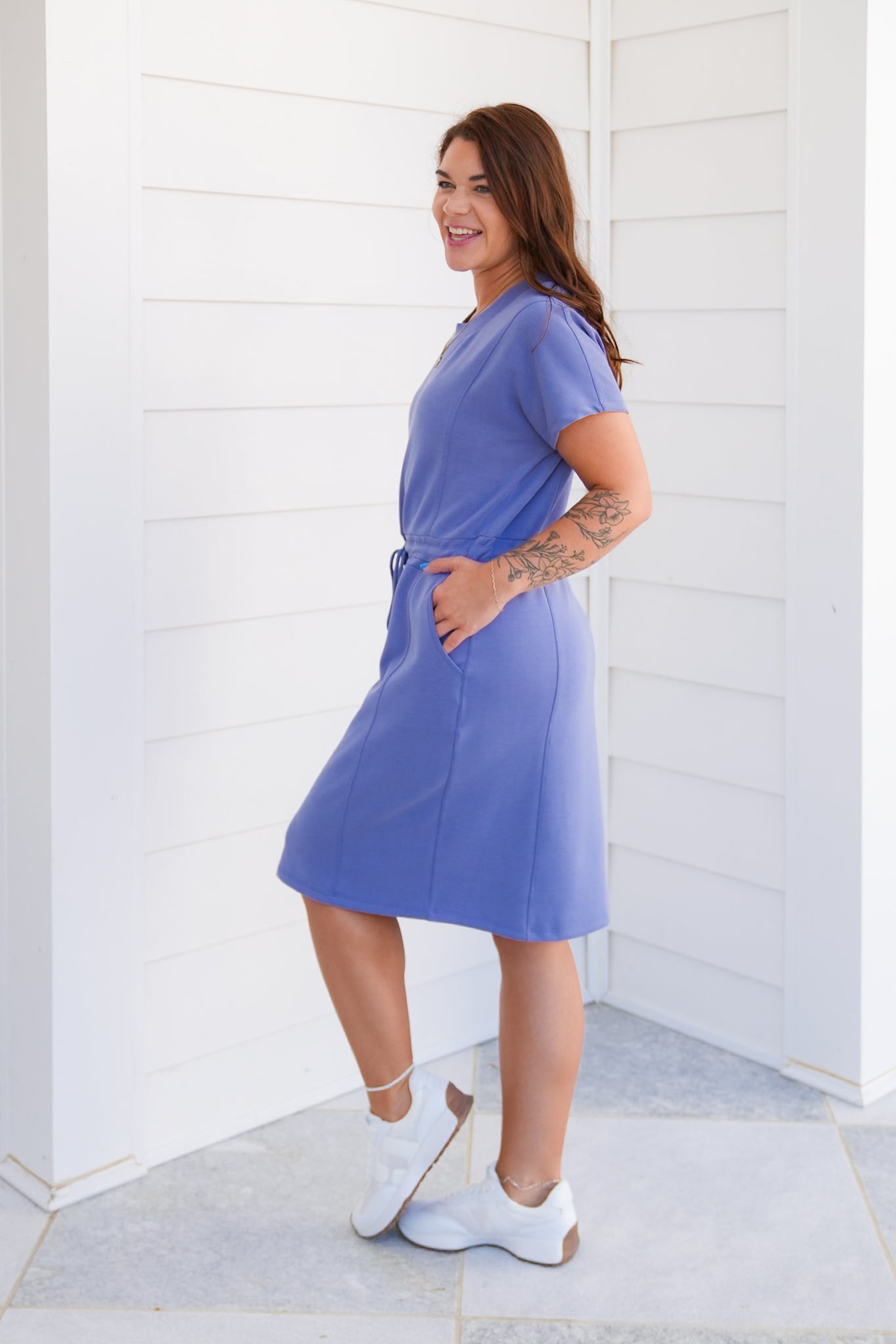 Solid Scuba Short Sleeve Dress with Pockets