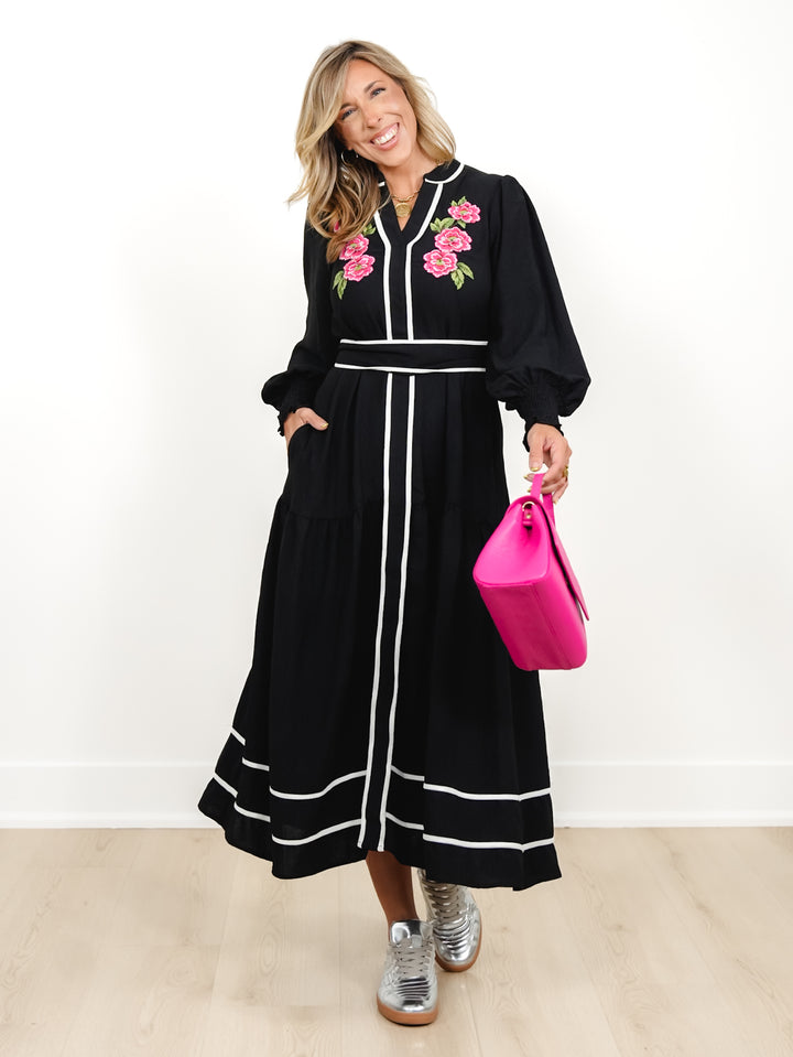 Plus/Reg Long Sleeve Midi Dress with Floral Embroidery - Freckled Poppy