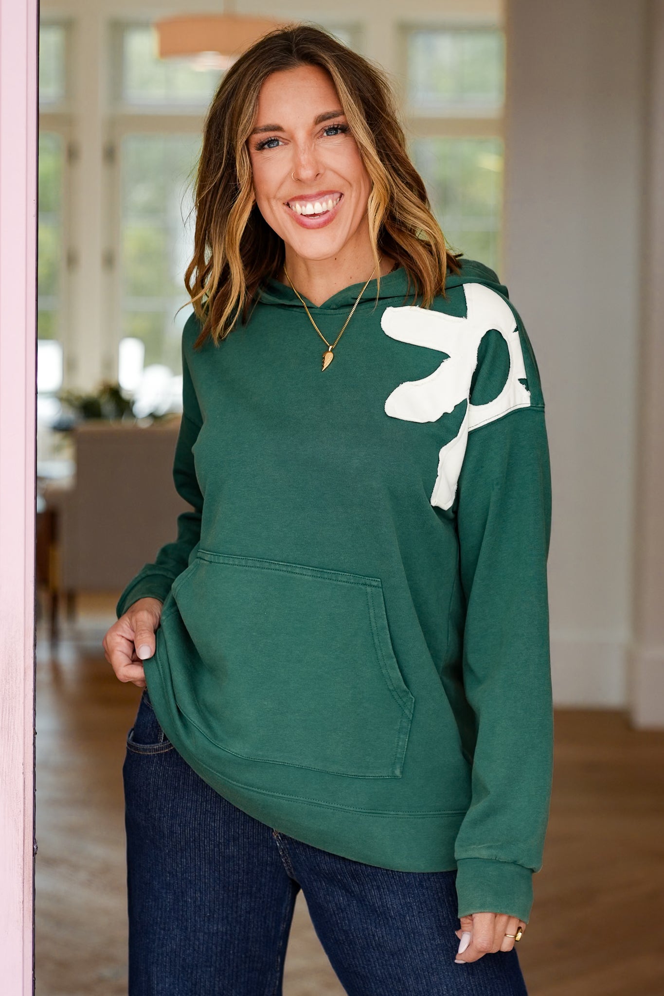 Long Sleeve Hooded Top with Flower Patch